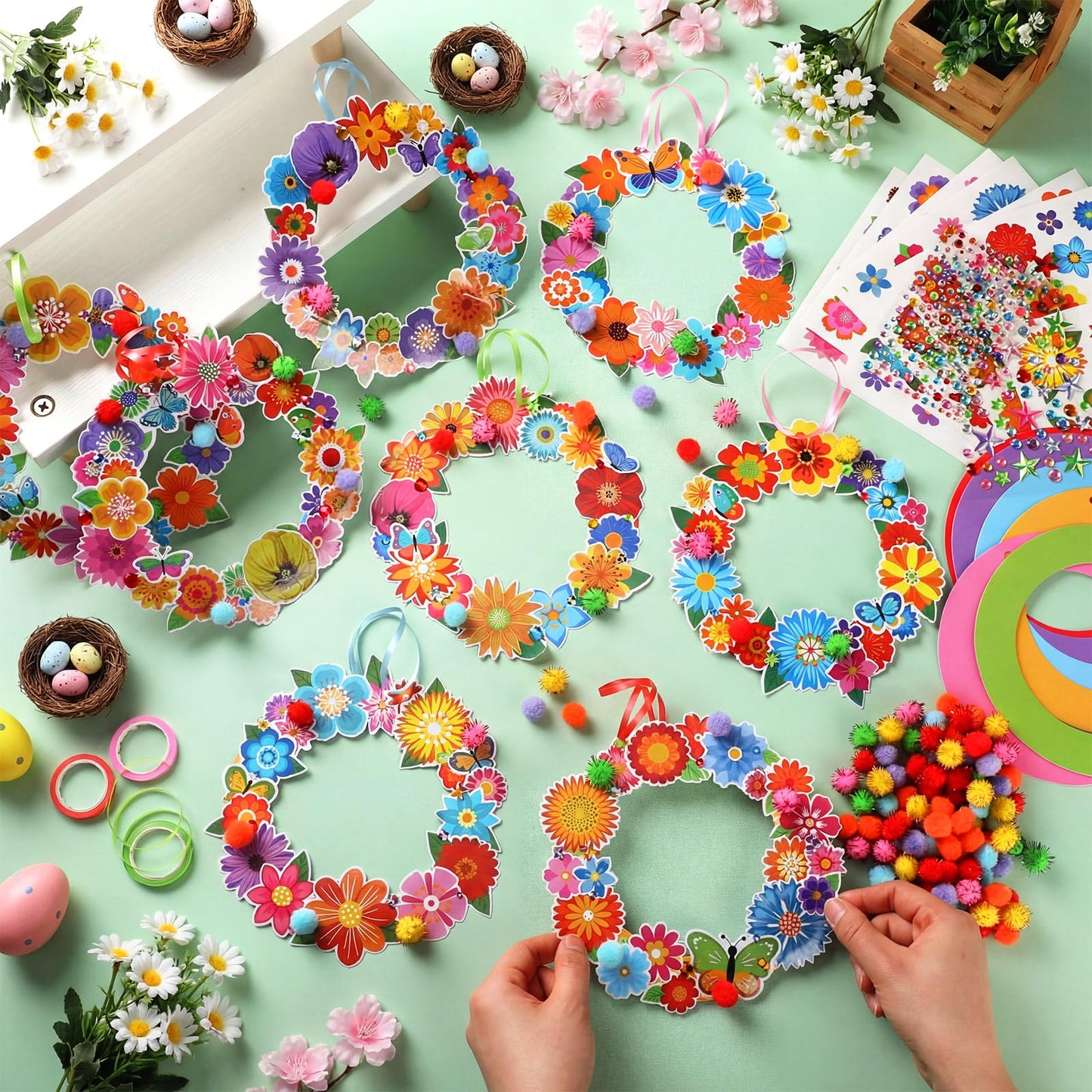 Hollowfly 48 Sets Flower Wreath Craft Kits DIY Summer Hanging Ornaments Decoration Make Your Own Floral Paper Craft with Stickers for Spring Summer Party Favors Seasonal Activities Supplies