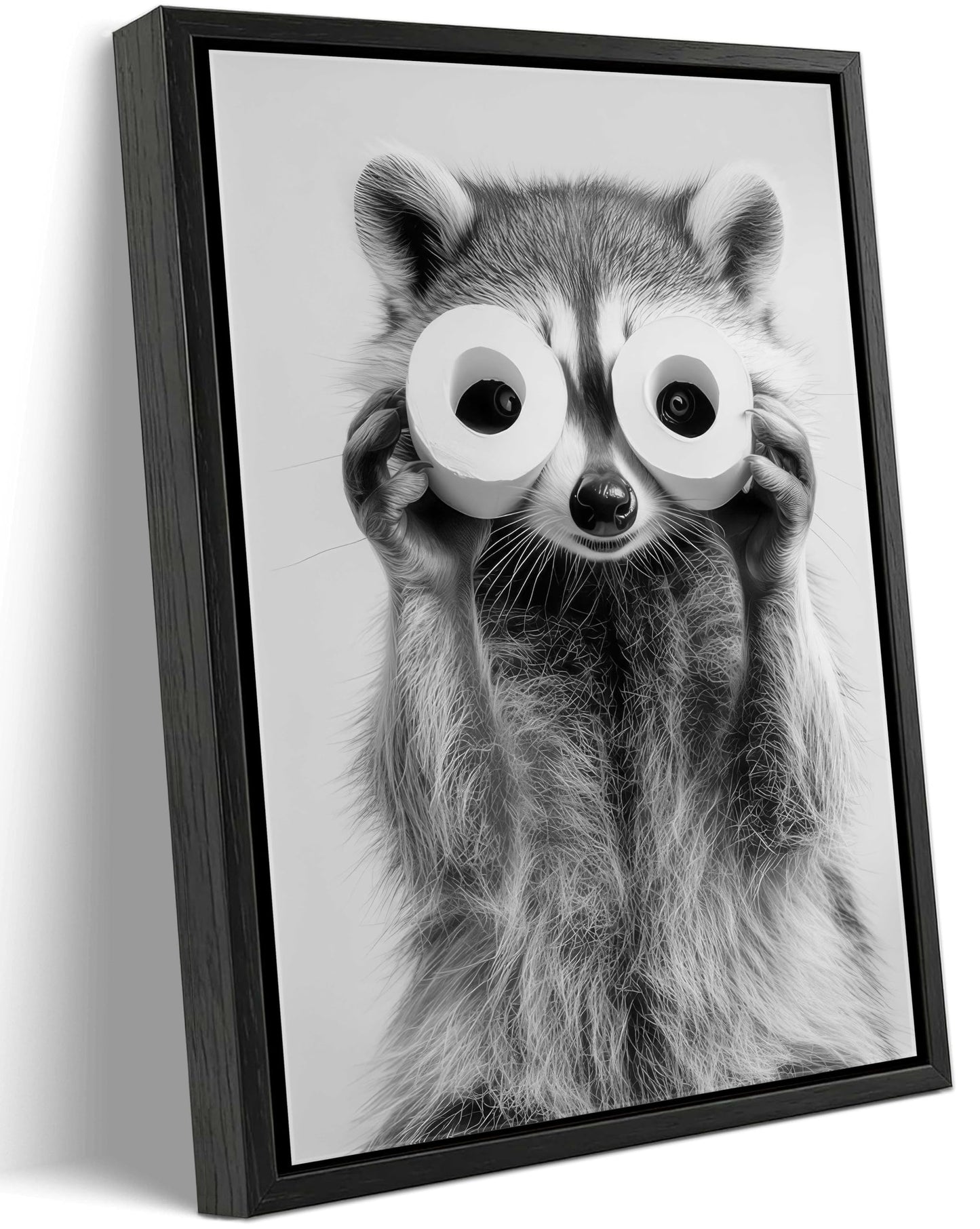 Framed Adorable Raccoon Bathroom Canvas Wall Art Toilet Paper Raccoon Wall Decor Pictures Funny Black and White Bathroom Animal Posters Prints for Restroom Home Decoration 8x10in