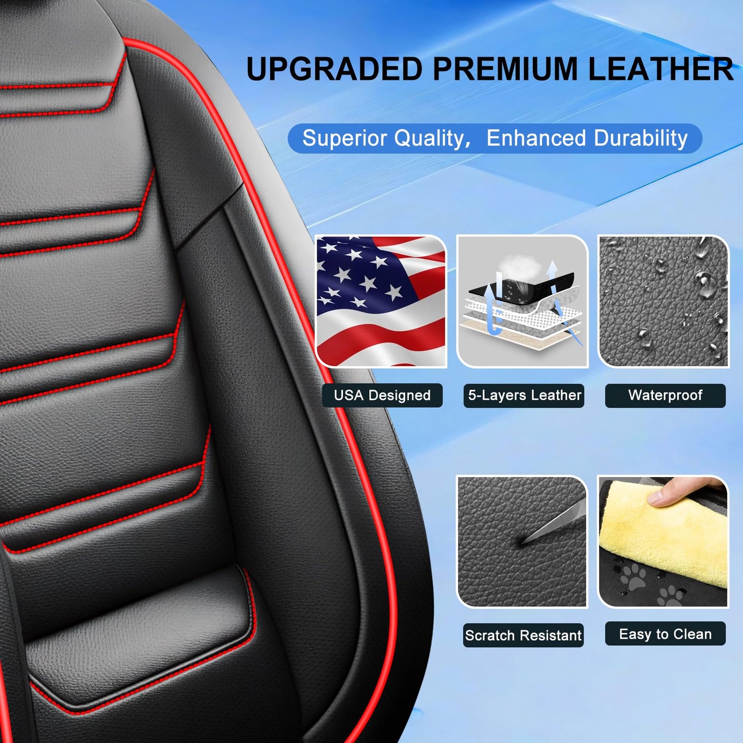 FiveFox Fit Trax Car Seat Covers for Chevrolet/Chevy Trax 2015-2026 - Luxury Full Coverage Leather, Waterproof & All Weather Breathable Seat Cushion Protector, Airbag Compatible, Full Set, Red Trim