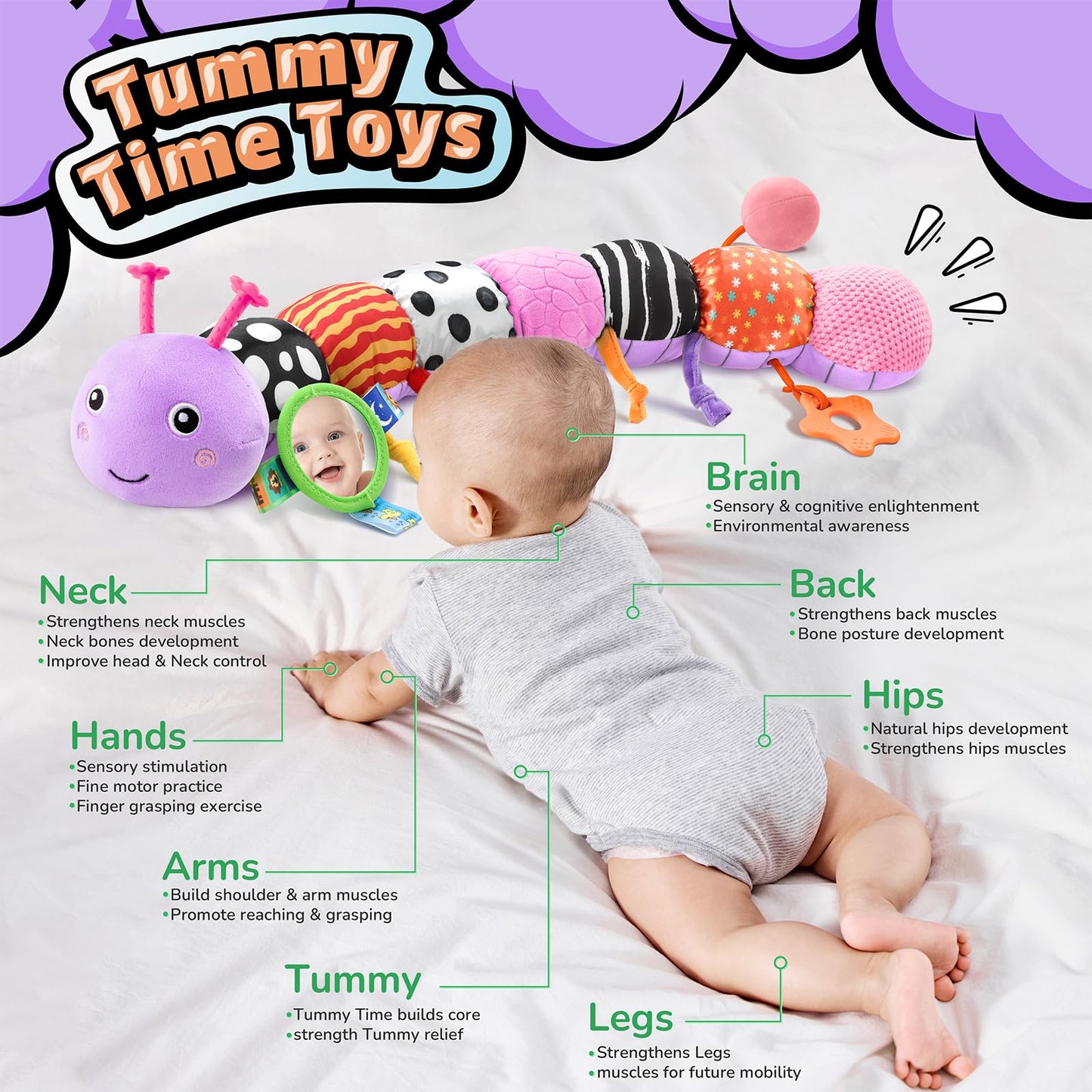 LIGHTDESIRE Baby Toys Musical Caterpillar,Infant Toys 3 6 12 Months Sensory Toy with Ruler Design,Mirror,Pull String,Crinkle&Ring Bell,Baby Teething Toy for Tummy Time Boy Girl Gifts (Lavender Purple)