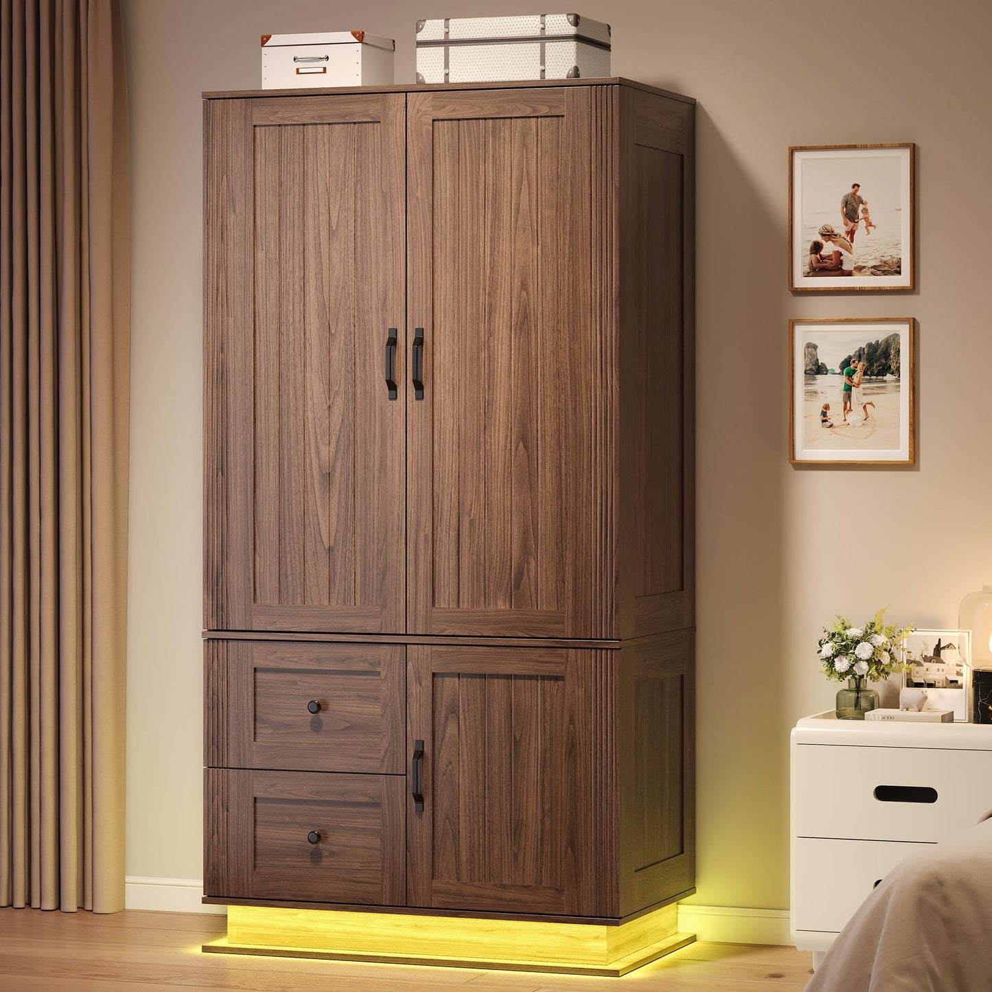 LIKIMIO Farmhouse Wardrobe Closet with Doors, 70" Bedroom Armoires with LED Lights and Hanging Rod, Wooden Large Wardrobe Cabinet with 2 Drawers and 1 Cabinet, Walnut