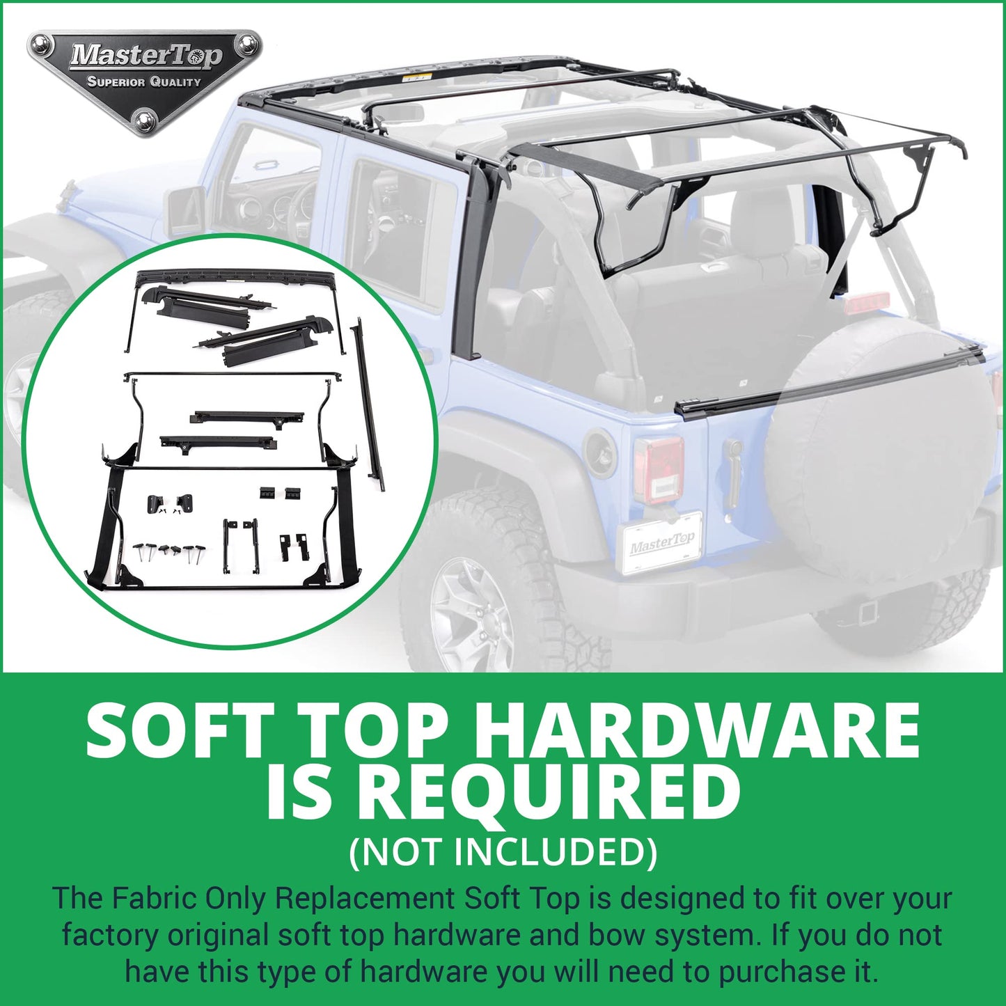 MasterTop Premium Replacement Fabric Only Soft Top - Fits Jeep Wrangler JK 4-Door 2010-2018 - Zip Up Removable Windows - DOT Approved 31% Window Tint - Upgraded Cable Style Design, Black MasterTwill