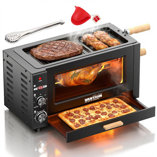 WantJoin Electric Rotisserie Oven - 26QT 3-Layer 3-in-1 Rotisserie Oven For Simultaneous Cooking, 360°Auto-Rotate Heating, Visible Glass Door, Rotisserie Cooker for Home Kitchen & Party Use 1800W