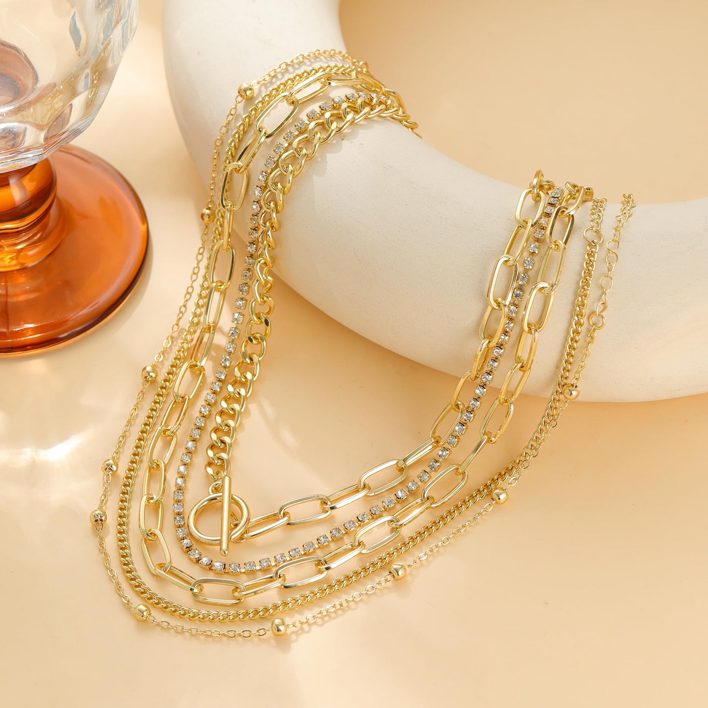 ANDKISS Gold Necklace for Women - 5PCS Dainty Layered Chain Necklaces 18k Gold Plated Choker Bohemian Look Necklace Simple Gold Stacked Hypoallergenic Necklaces Set Used for Gift For Women