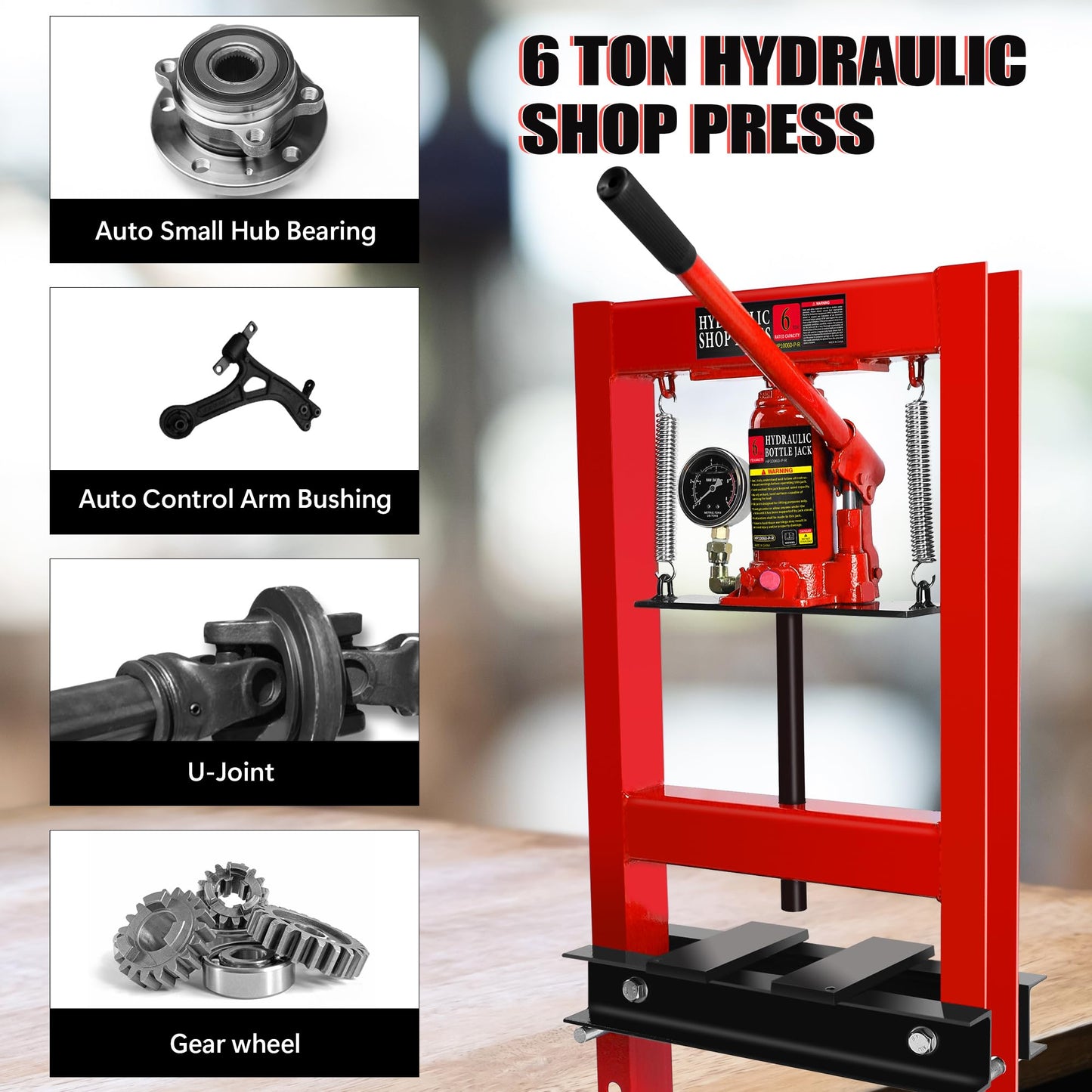 6 Ton Hydraulic Shop Press, H-Frame Garage Floor Adjustable Shop Press with Stamping Plates & Pressure Gauge to Bend, Straighten, Or Press Parts, Install Bearings and U-Joints