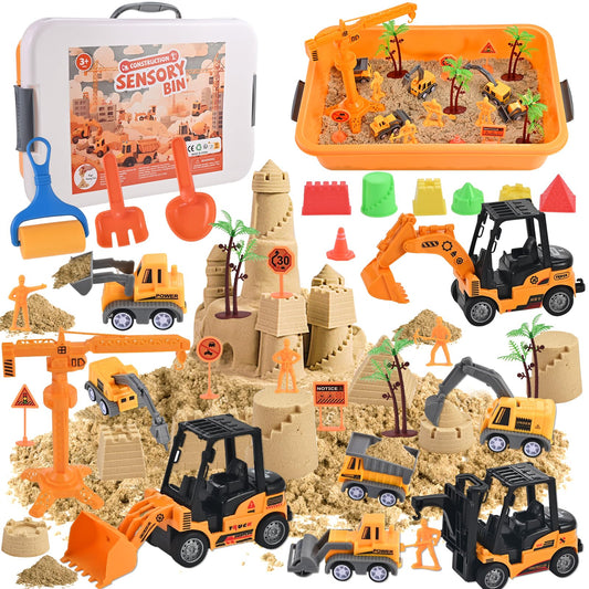 34Pcs Sand Construction Site Kit Sensory Bin Toy for Toddler with 8 Vehicles, 6 Castle Molds, 5 Road Signs, 4 Worker Figures, 2.2lbs Sand, Learning Sand Toys Birthday Gift for Kids Boys Ages 3 4 5