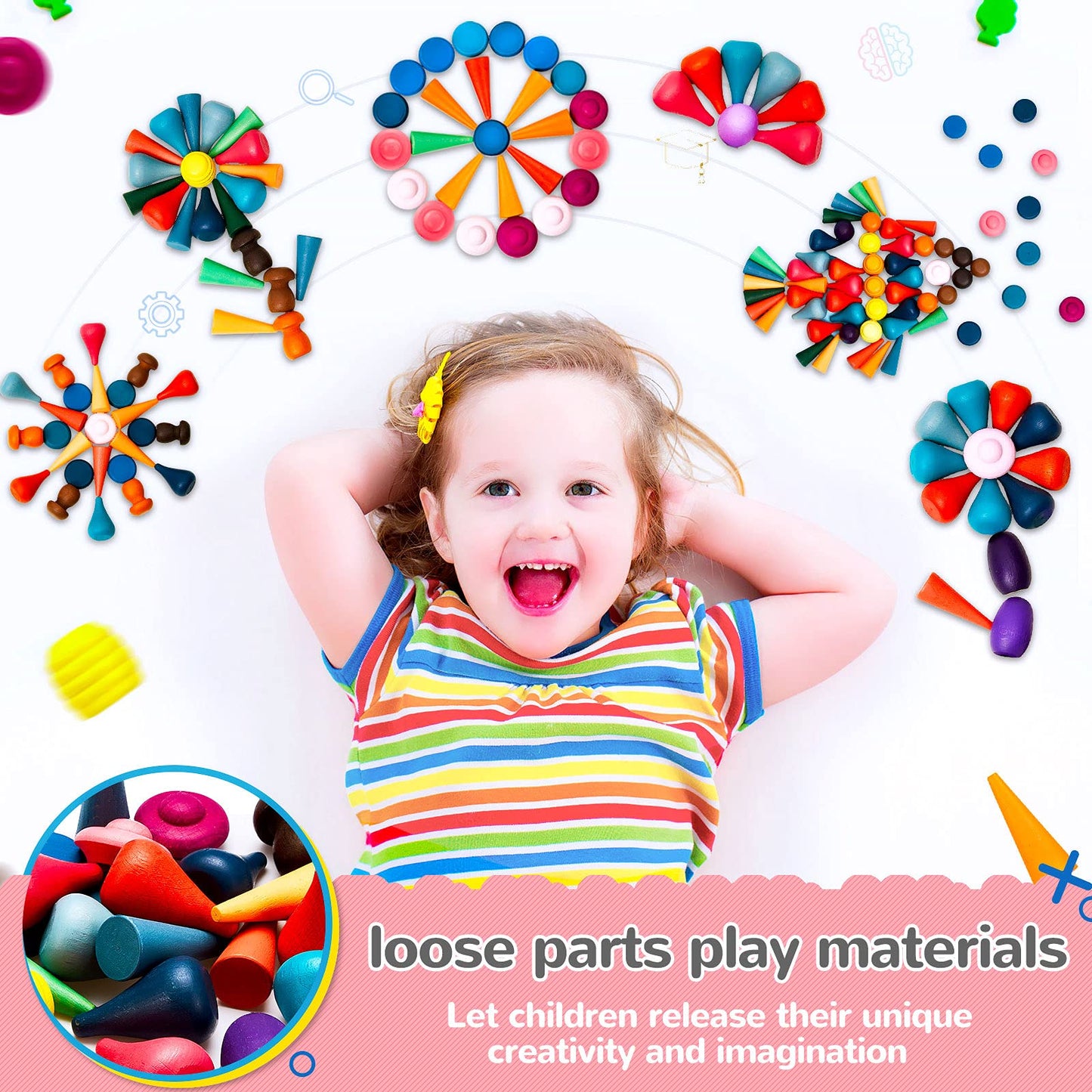 Chivao Loose Parts Play Materials Set Wooden Mandala Toys Kit Wood Sensory Play Toys 27 Rainbow Color 7 Shapes Loose Parts for Teens Students Early Learning Materials (81)