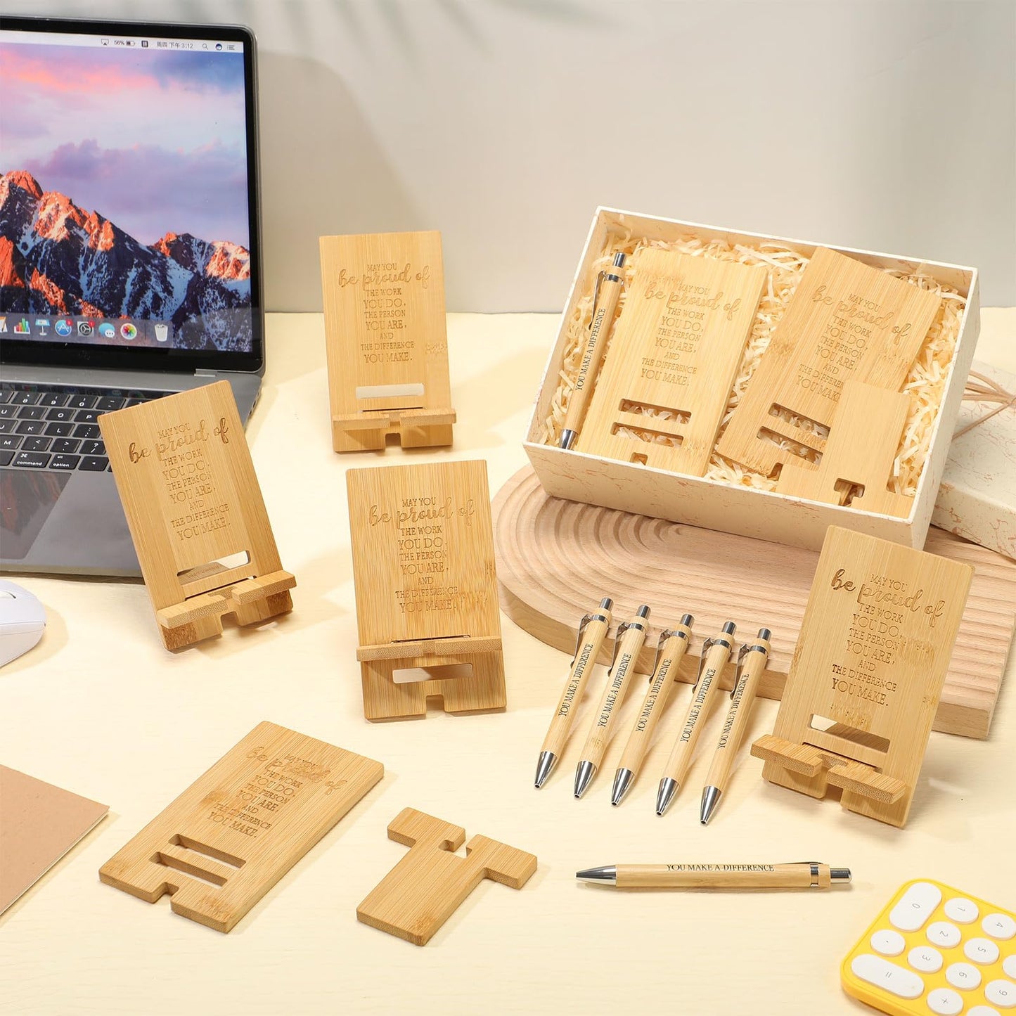 Ripeng 10 Sets Employee Appreciation Gifts Bulk Bamboo Phone Stands with Ballpoint Pens for Desk Office Workers Thank You Gift for Team Coworkers Staff Volunteer Teacher Colleagues (Proud)