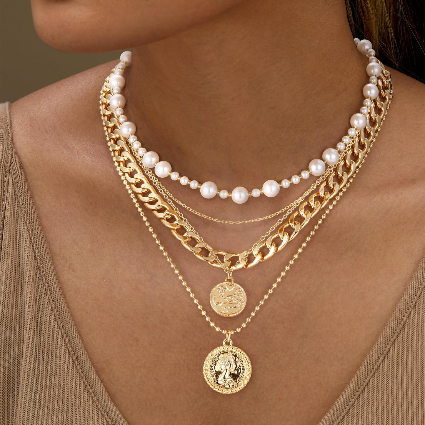 MJartoria Gold Layered Necklaces for Women Trendy Retro Coin Pendant Necklace Dainty Chunky Chain Choker Necklaces for Jewelry Birthday Gifts (Pearl-3PCS, Gold)