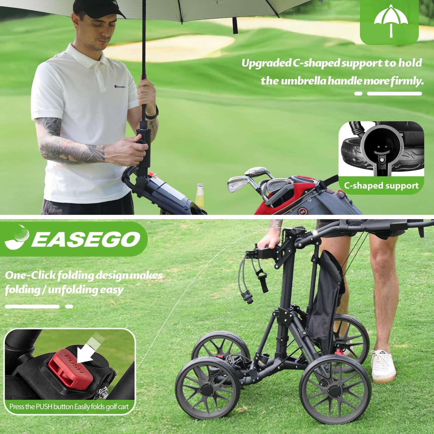 EASEGO Golf Push Cart 4 Wheel : Golf Walking Carts with Phone Holder/Cup Holder/Umbrella Holder/Foot Brake/Cooler Basket 4 Wheel Superlite Golf Pull Cart All-Terrain Golf Caddy Carts(Black)