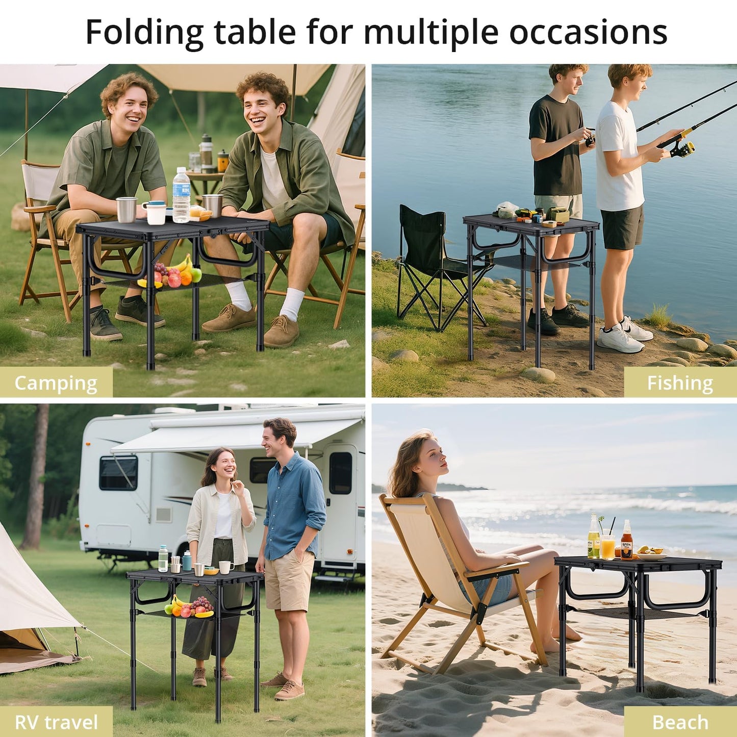 Anbte Folding Camping Table with Storage Net, Pure Black Aluminum 2ft Picnic Table 23.2" x 16" Outdoor Table Adjustable Height Max 27.5", Lightweight, Waterproof, Portable Handle for Travel Cooking