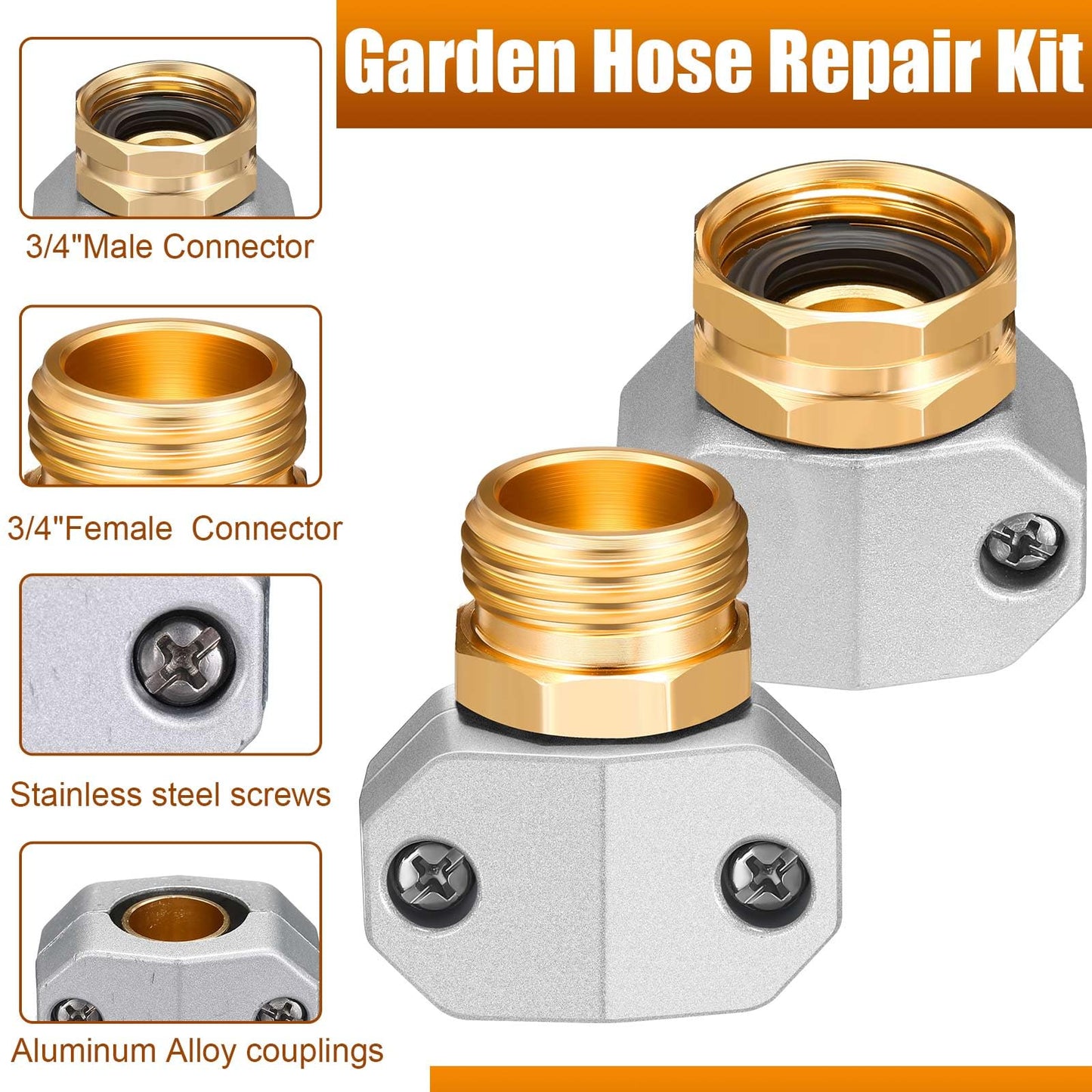 Therwen 8 Sets Garden Water Hose Repair Connector Kit Zinc and Aluminum Male and Female Hose End 5/8 Inch 3/4 Inch