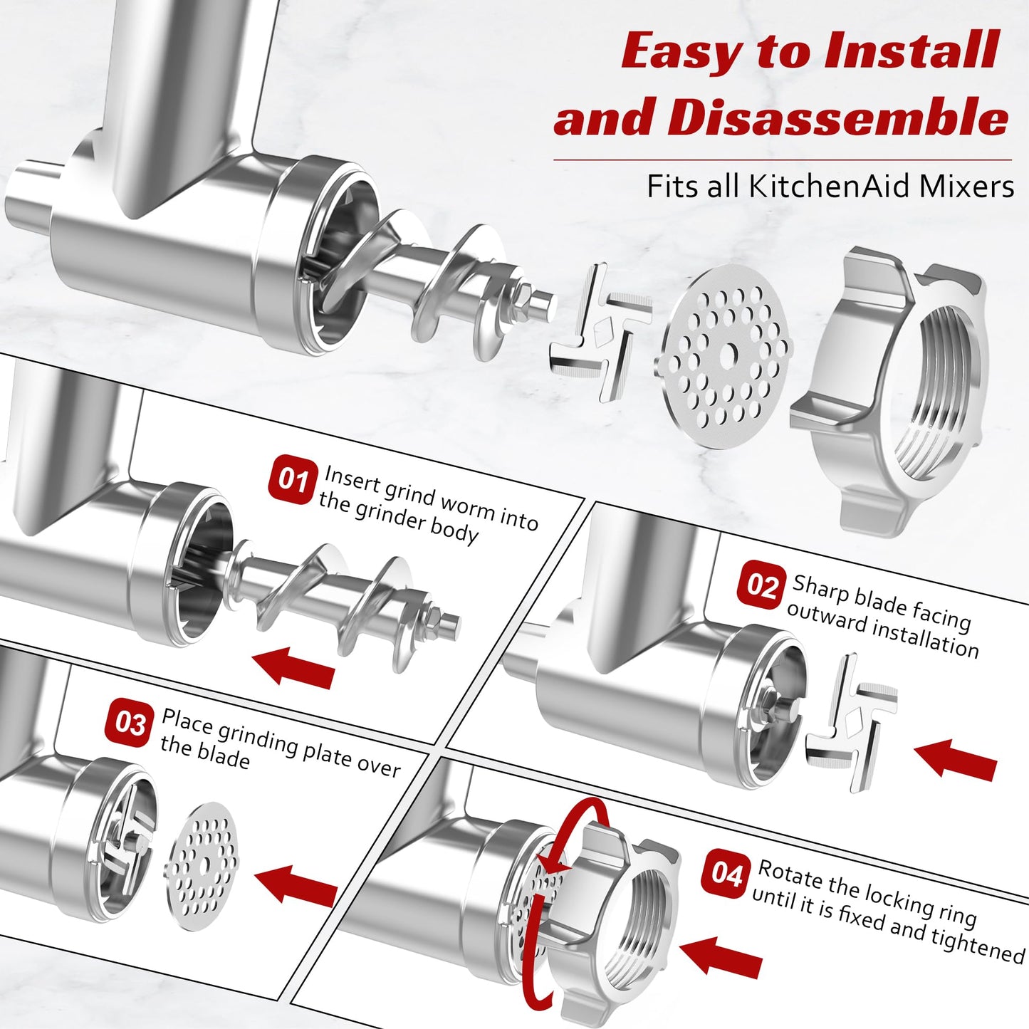 100% Polished Stainless Steel Meat Grinder Attachment for KitchenAid Mixer, Dishwasher Safe, Uncoated Meat Grinder Attachment Anti-Oxidation, Seamless Sausage Stuffer, Thickening Grinding Plate, 18PCS