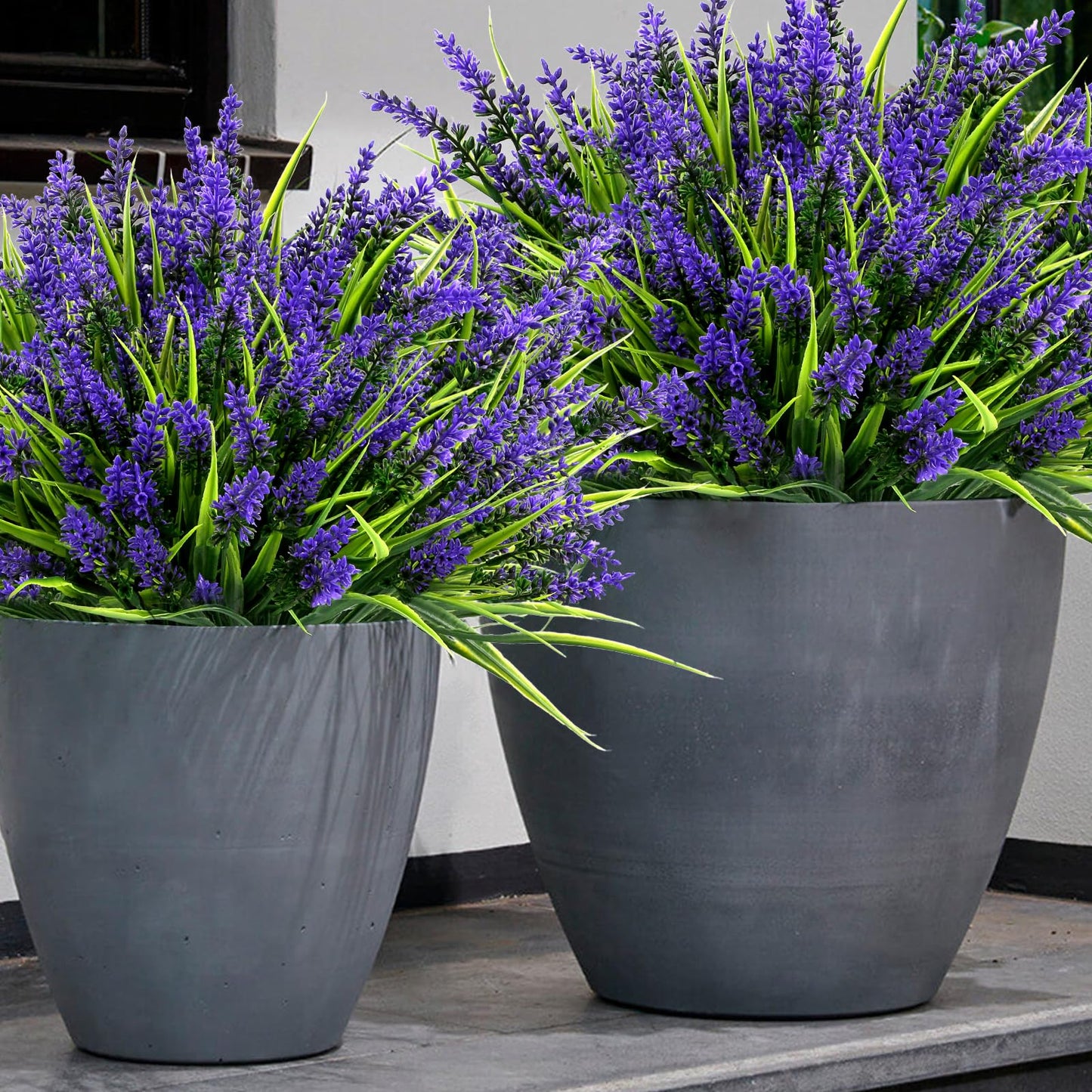 Geegoods Artificial Plants Flowers Outdoor – 24 Bundles UV Resistant Faux Lavender Flowers with Monkey Grass for Garden Porch Window Patio Hanging Planter Decor