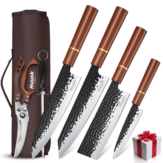Huusk Japanese Knife Set 6pcs with Covers - Professional Chef Knife Set with Bag & Sharpener, High Carbon Steel Forged Knives Sets with Scissors, Japanese Kitchen Knives Sets, Christmas Gifts for Men