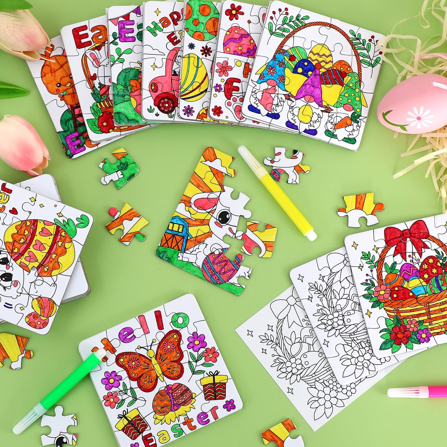24 Pcs Easter Crafts Puzzle for Kids Ages 4-8, Easter Activities Arts DIY Jigsaw with Egg Bunny Basket Flower, Spring April Craft for Party Favors Gifts Christian Classroom Coloring Games Toy Bulk
