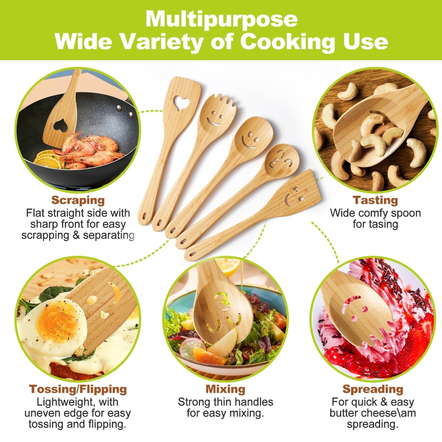 Wooden Cooking Utensil Set, Cute Spatula Set, Funny Bamboo Kitchenware, Unique Mother's Day Gifts for Cooks Hostesses Mom Grandma Wife Weddings House Warming Kitchen Accessories (A001)
