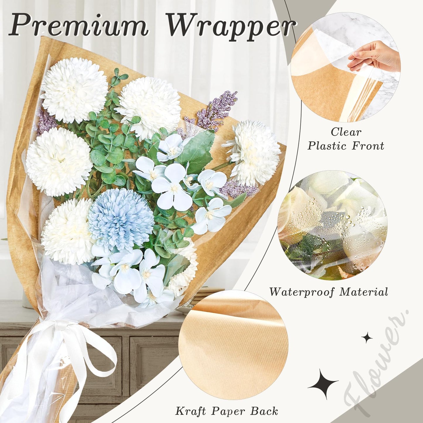 Jutieuo 50 Pcs Flower Bags for Bouquet, Flower Wrapping Kraft Paper Floral Sleeve Bouquet Bags with Ribbons for Florist Supplies Wedding Birthday Mother's Day, 14x22 Inches