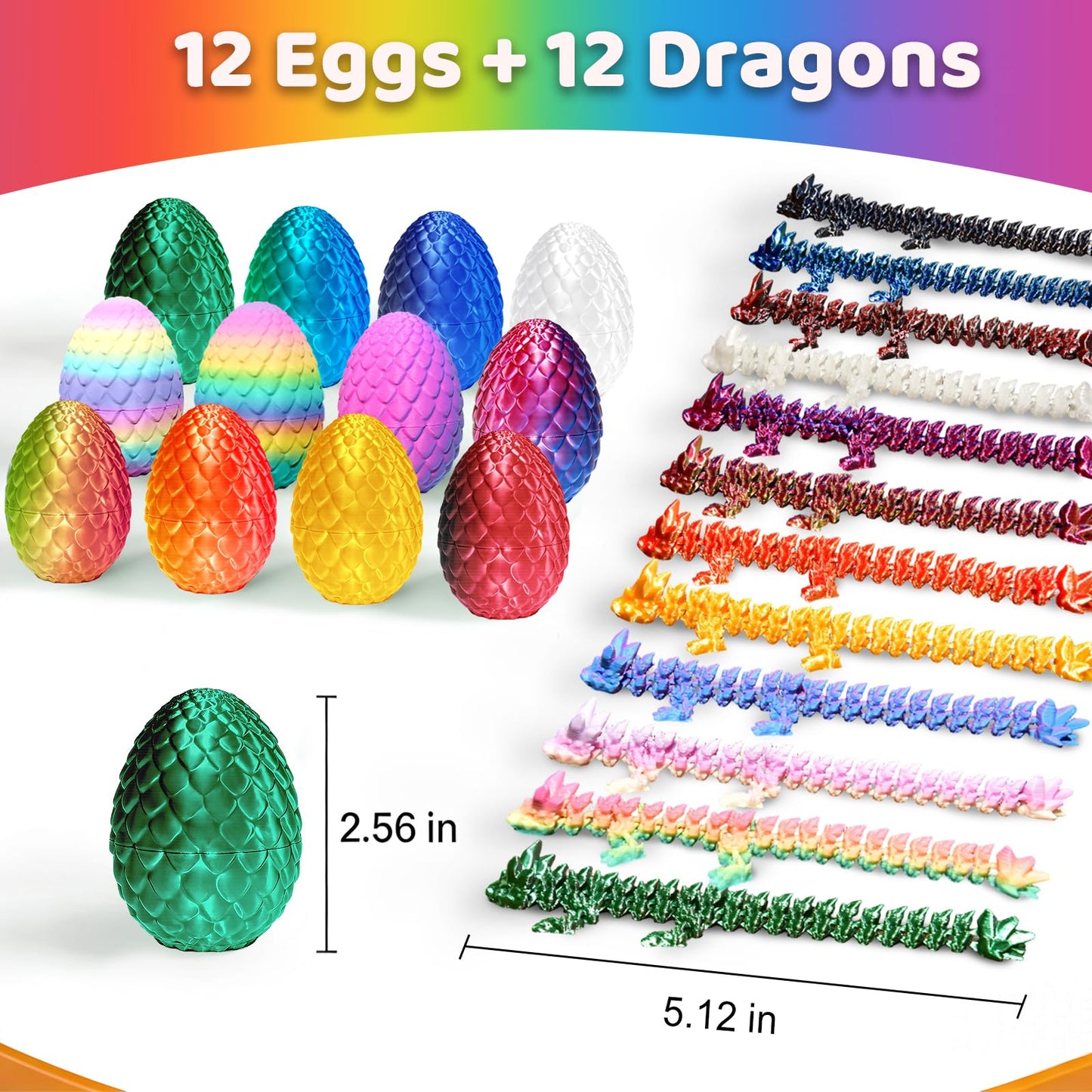 12 Pack 3D Printed Dragon Toys, Flexible Articulated Fidget Dragons in Surprise Eggs, Collectible Desk Toys, Party Favors & Classroom Prizes for Kids