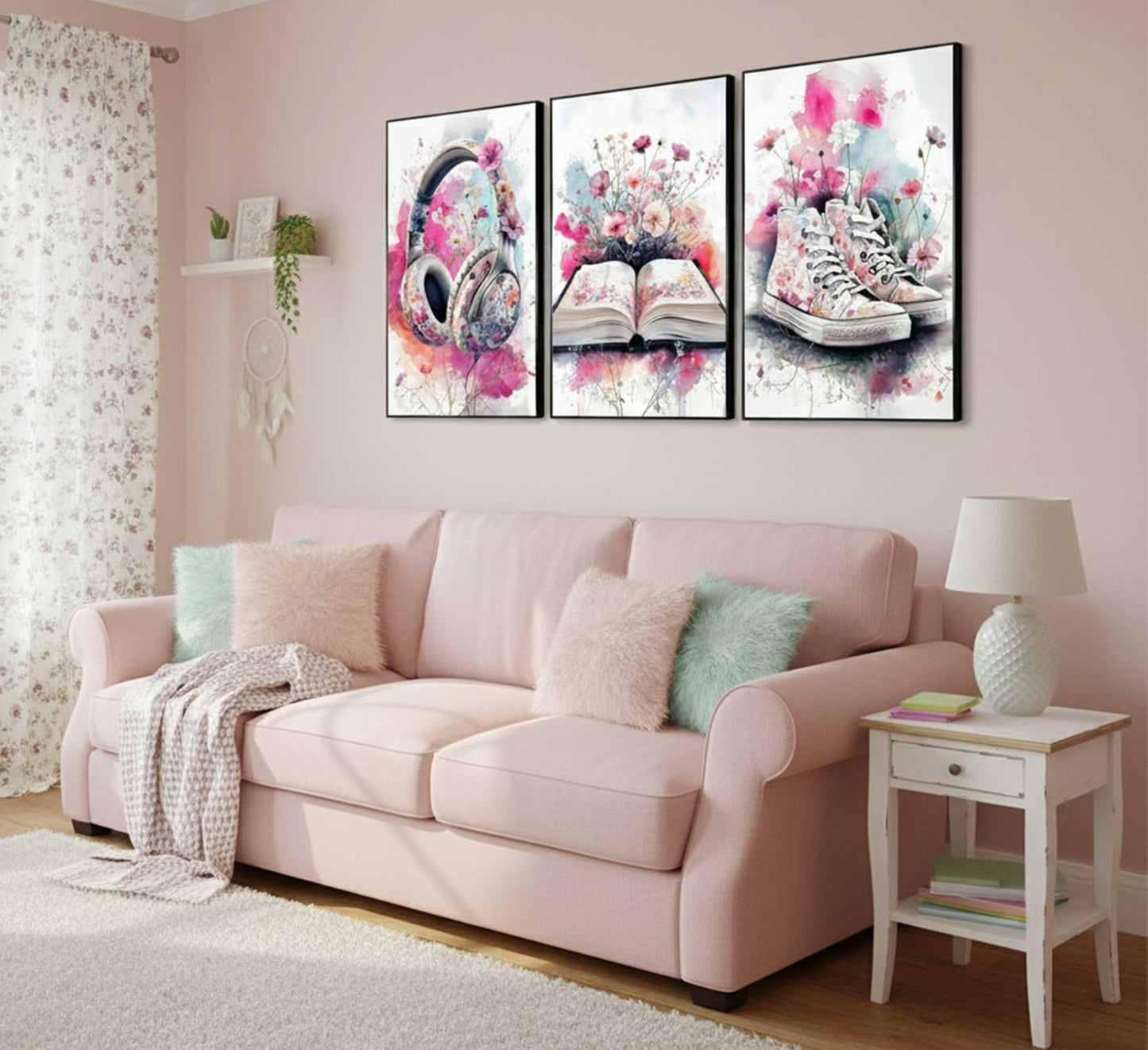 3Pcs Teen Girls Bedroom Canvas Wall Art Fashion Headphones Book and Shoes Pink Watercolo Splash Flower Painting Pictures Wall Decor Print Artwork for Living Room Dorm Home Decoration Unframed