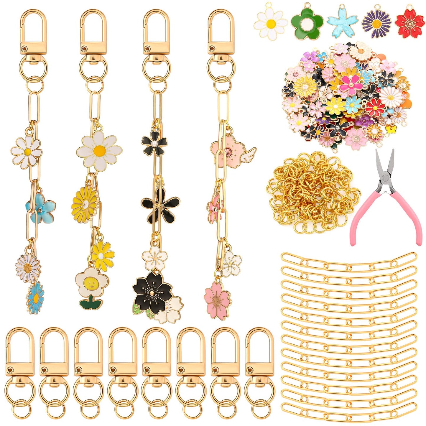 Tondiamo 266 Pieces Flower DIY Gold Keychain Making Kit Floral Daisy Bag Charm Jewelry Making Sunflower Ornaments Bulk for Key Ring Art Adults Women Bag Gift