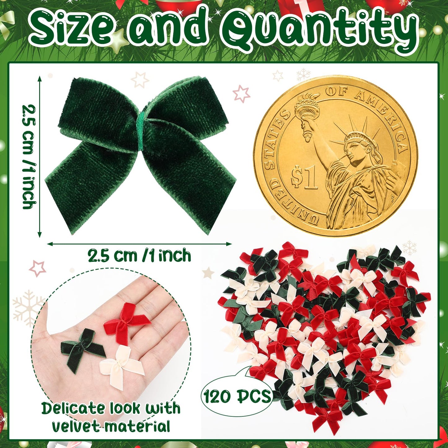 Waydress 120 Pcs Tiny Mini Christmas Velvet Bows for Crafts Xmas Twist Tie Bows Ribbon Bowknot Christmas DIY Craft Sewing Scrapbooking Gift Wrapping(Red, Green, Cream,1 Inch)
