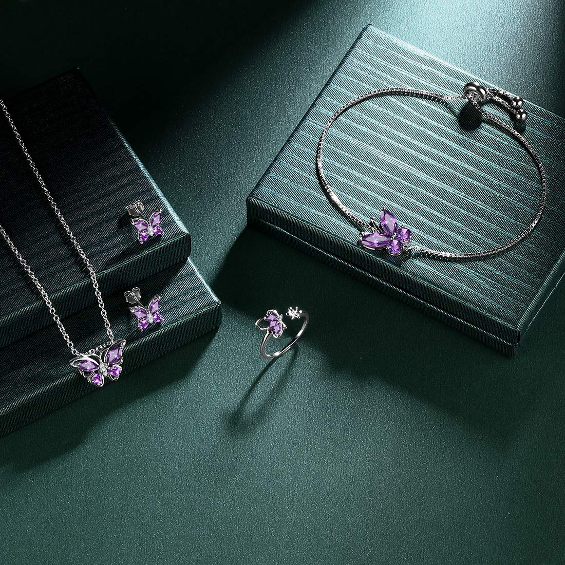 Hipunk Butterfly Purple Jewelry Sets Birthstone Women 925 Sterling Silver Februsry-Amethyst Birth Stone Animal Butterflies Jewelry Sets/Earring/Ring/Bracelet Set Crystal Birthday Jewelry SS0003F