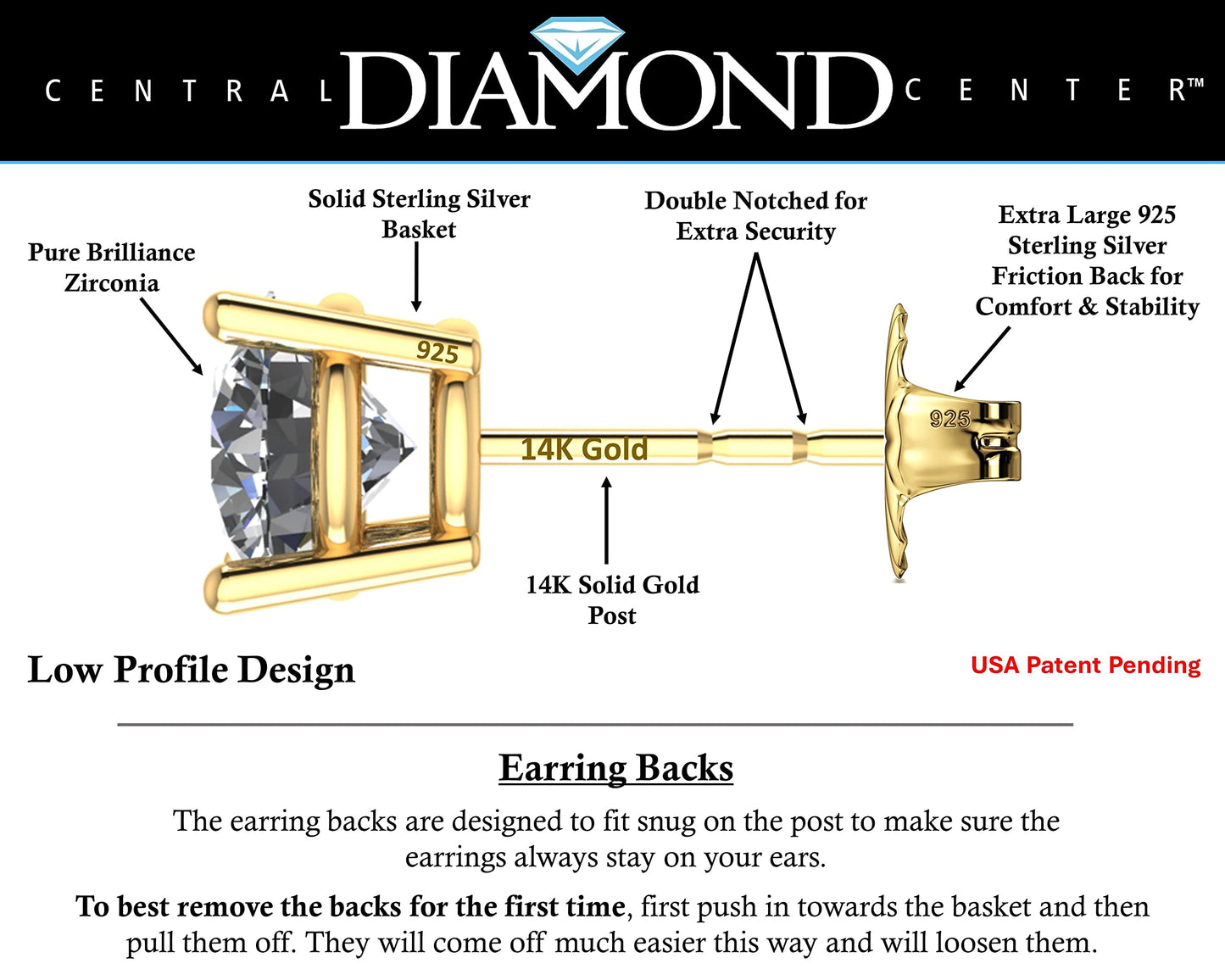 Central Diamond Center Women’s 14k Gold post & Sterling Silver – Yellow, 4 Prong CZ Stud Earrings (10.0mm - 8.00cttw)