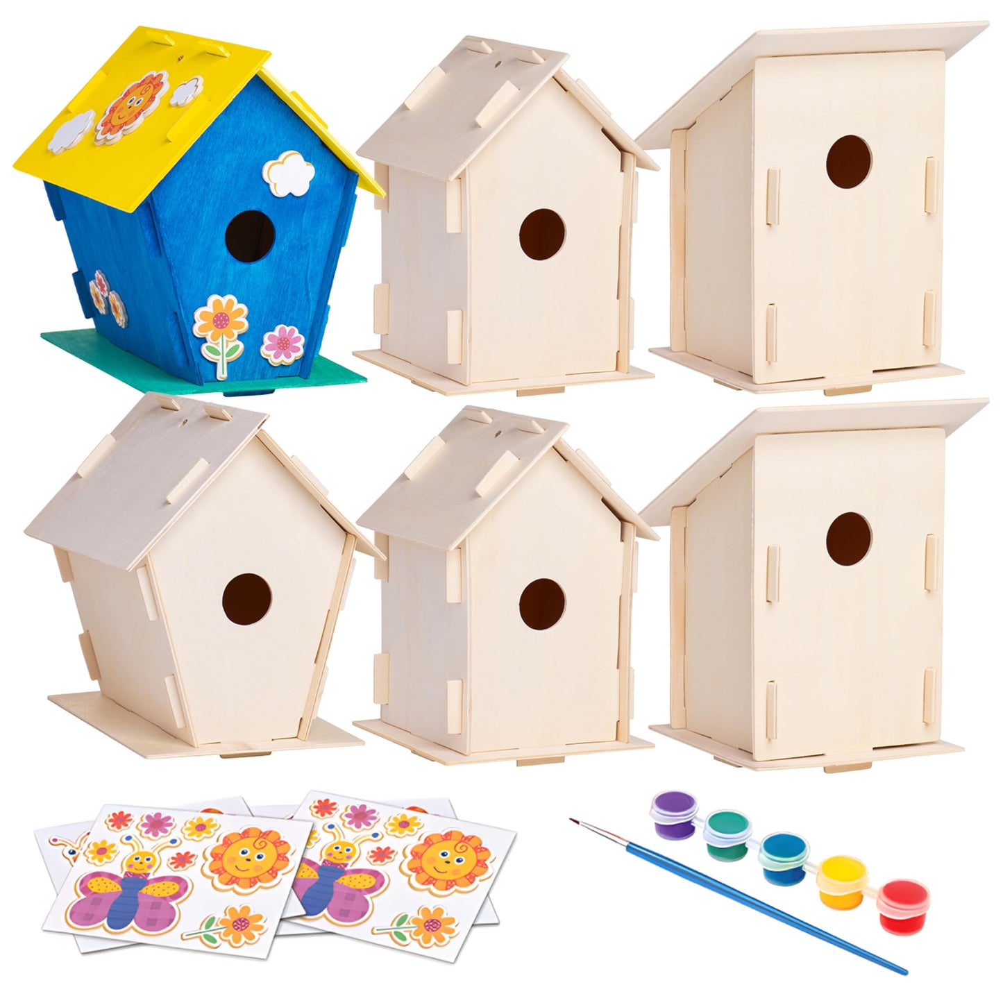 Neliblu 2 Pack Birdhouse Kits for Kids - 6.1" x 5.9" x 3.0" - DIY Craft and Garden Decoration, Pre-cut, Easy to Assemble for Birdwatchers - Includes Paints, Brushes, Birdhouse Kits for Adults to Build
