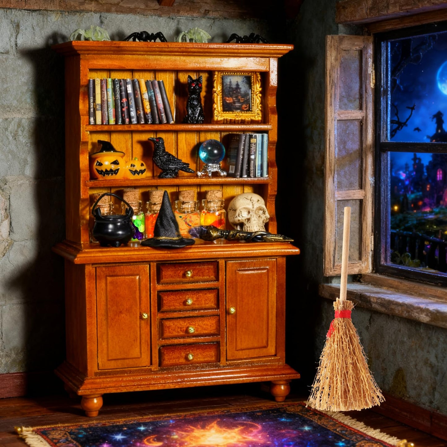 Rileryan 53 Pcs 1:12 Scale Magic Witchy Mini House Kit Halloween Miniatures Accessories Wooden Furnitures Bookshelf Bookcase 30 Mini Books Halloween Decoration