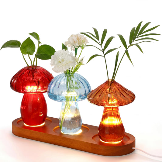 Yiyiring Set of 3 Glass Mushroom Vase Propagation Station with LED Light Wooden Stand, 4.7 x 3.5 Inches Glass Vases Hydroponic Planter for Indoor Plants, Gifts for Women, Room Decor