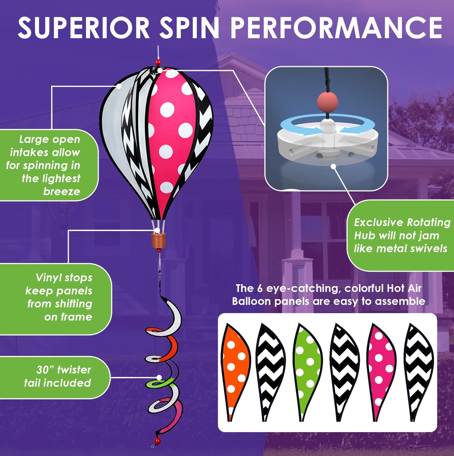 Hot Air Balloon Hanging Garden Spinner 16" - Vibrant Chevron Design, Weather-Resistant Outdoor Decor, Durable & Lightweight for Patios, Yards, and Gardens - Eye-Catching Wind Spinner
