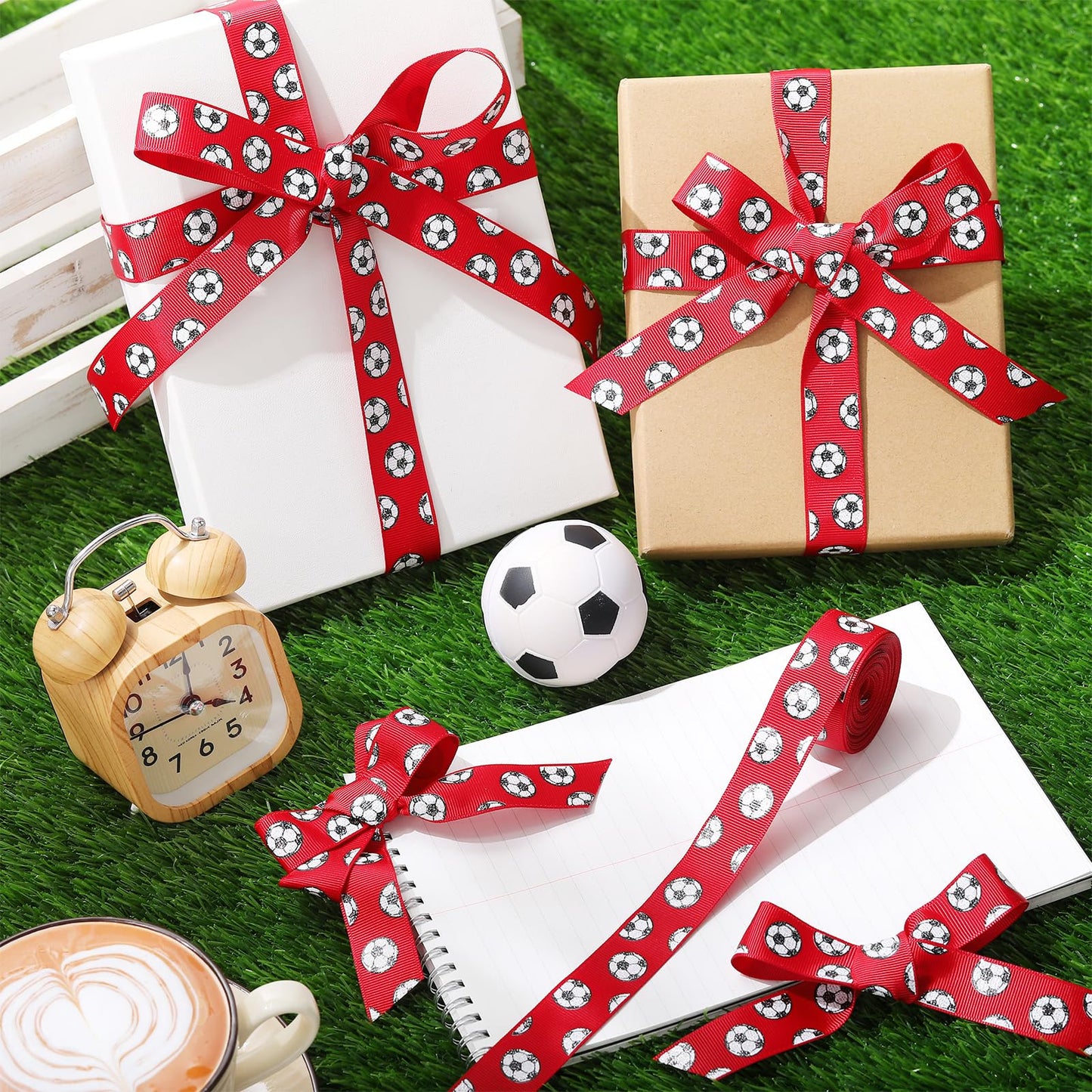 ROCEEI 10 Yards Soccer Ribbon Glitter Soccers Pattern 7/8 Inch Craft Grosgrain Ribbon Party Decorations for Gift Package Wrapping, Floral Design, DIY Hair Bow, Crafting(Red)