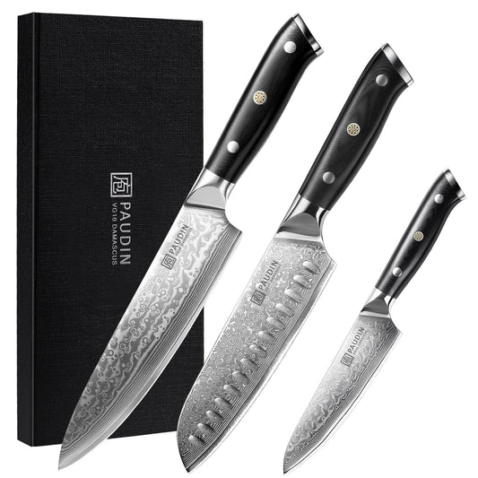 PAUDIN Damascus Knife Set 3 PCS, Japanese VG10 Steel Core, Ultra Sharp Chef Knife Set, Full Tang G10 Handle, Damascus Kitchen Knives