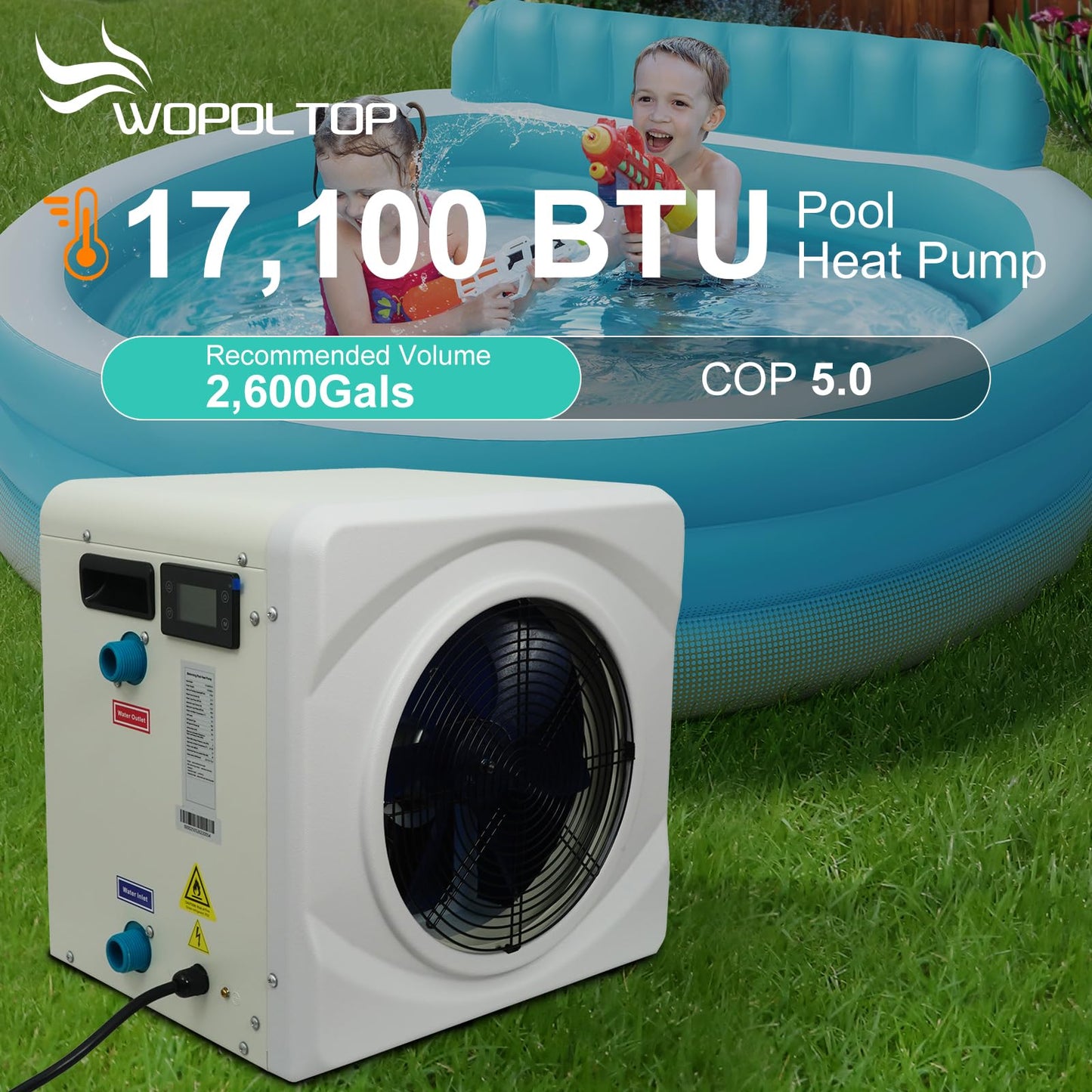WOPOLTOP 17100 BTU Pool Heat Pump for Swimming Pools, Dual Function of Heating and Cooling, 5.2KW AC Fixed Frequency Pool Heater, 115V/60Hz, up to 2600 Gallons
