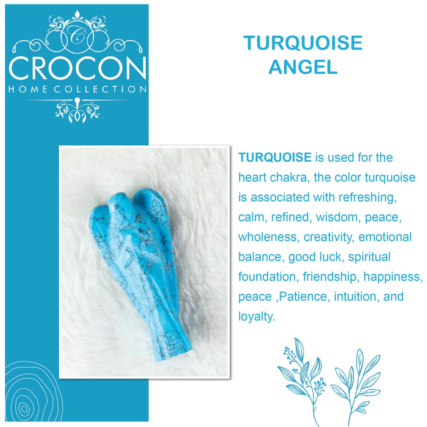 Crocon Turquoise Gemstone Guardian Angel Healing Crystal, Hand Carved Pocket Angel Figurine - Handmade Mini Statue for Love, Peace & Healing, Crystals for Positive Energy, Natural Gemstone Figurine