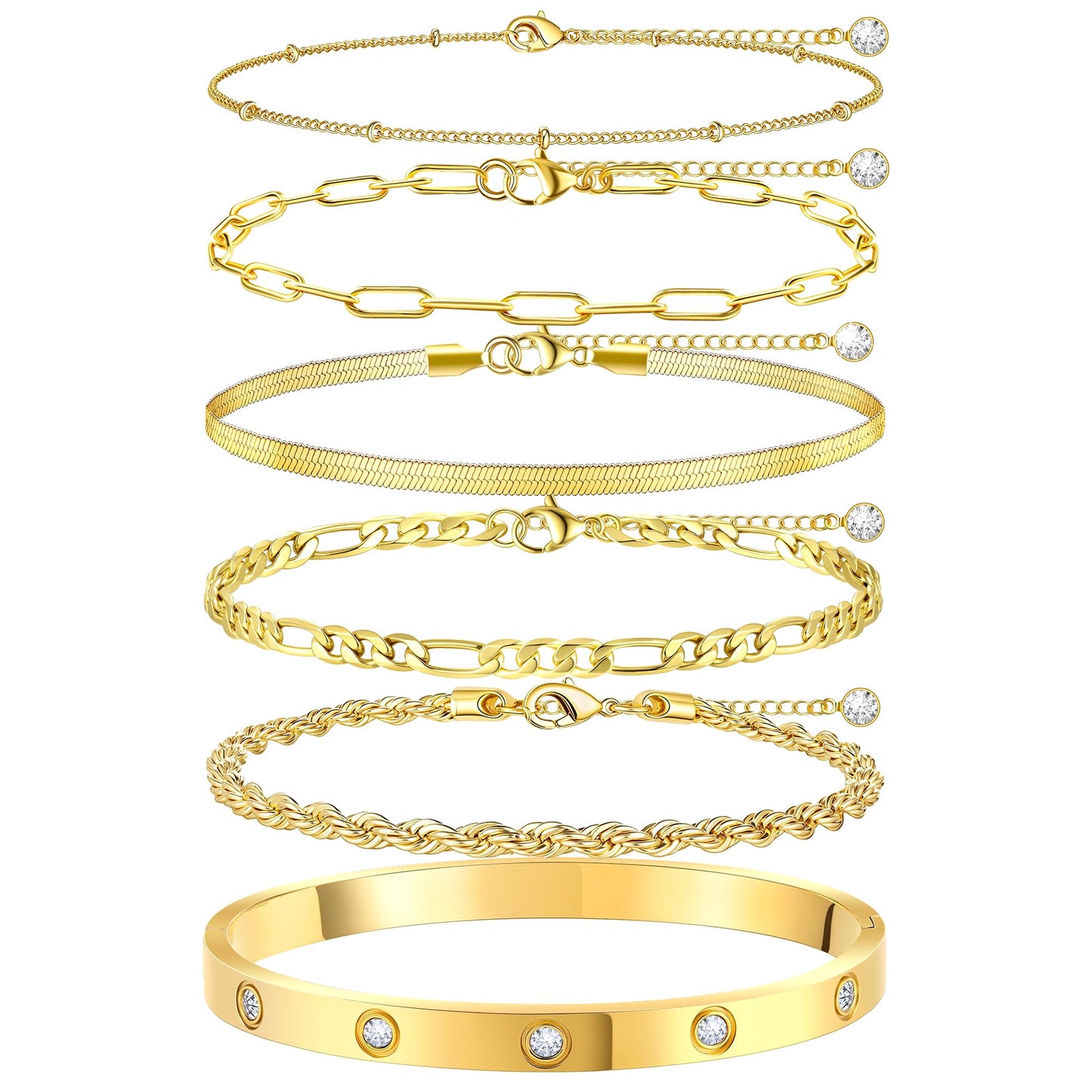 MOINSPIRE Gold Bracelets for Women Non Tarnish, Dainty 18K Gold Plated Bracelets Stack Trendy Waterproof Stackable Bangles, Cuban Link Paperclip Chain Jewelry Set Fashion Accessories Gifts for Women