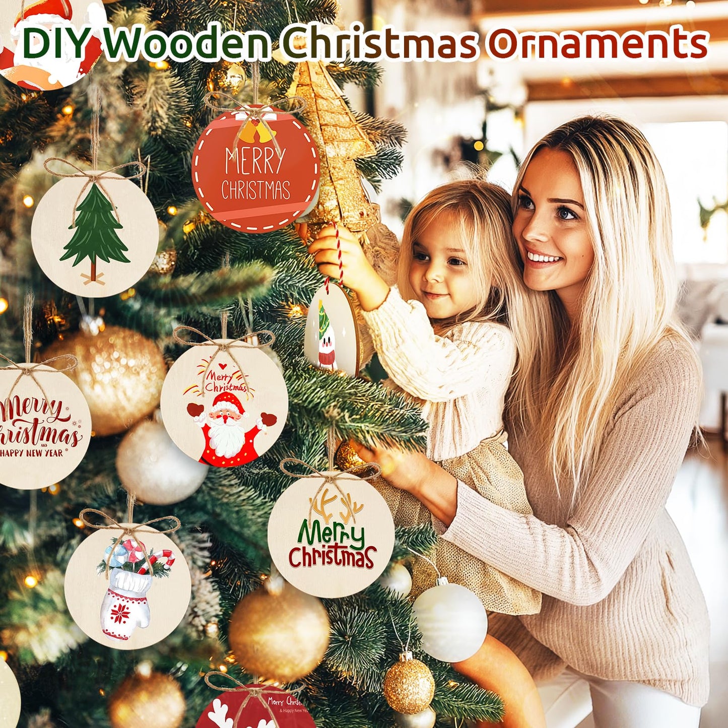 Philorn 50pcs Wooden Ornaments for Crafts 3.5" Unfinished DIY Wooden Ornaments, Predrilled Wood Slices Circles for Crafts Paint Holiday Hanging Decorations