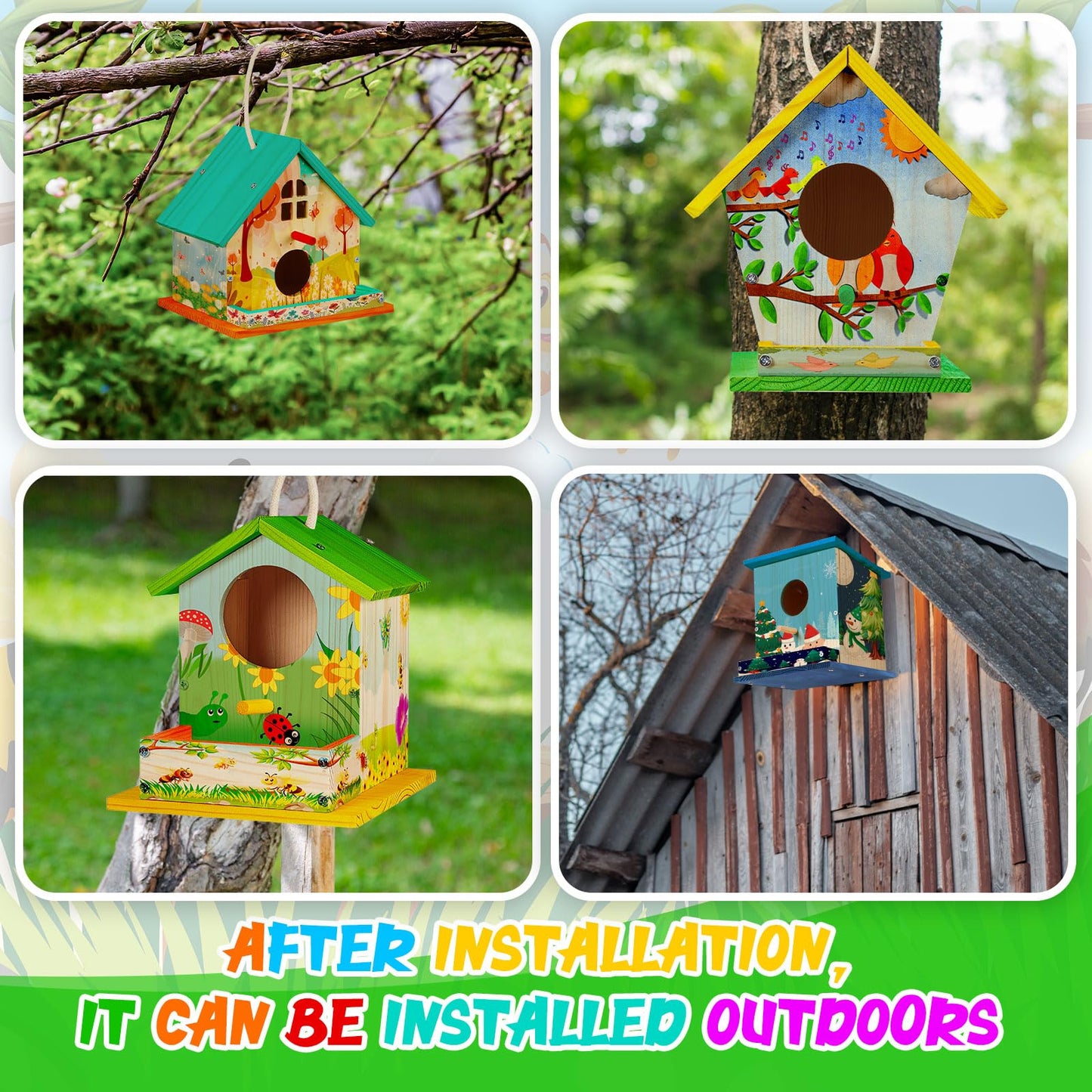 Liliful 4 Pack Birdhouse Crafts for Kids, Wooden Creative DIY Bird House Kits Arts and Crafts Set for Kids and Adults, Spring Birthday Gifts for Toddlers Ages (Seasonal Style)
