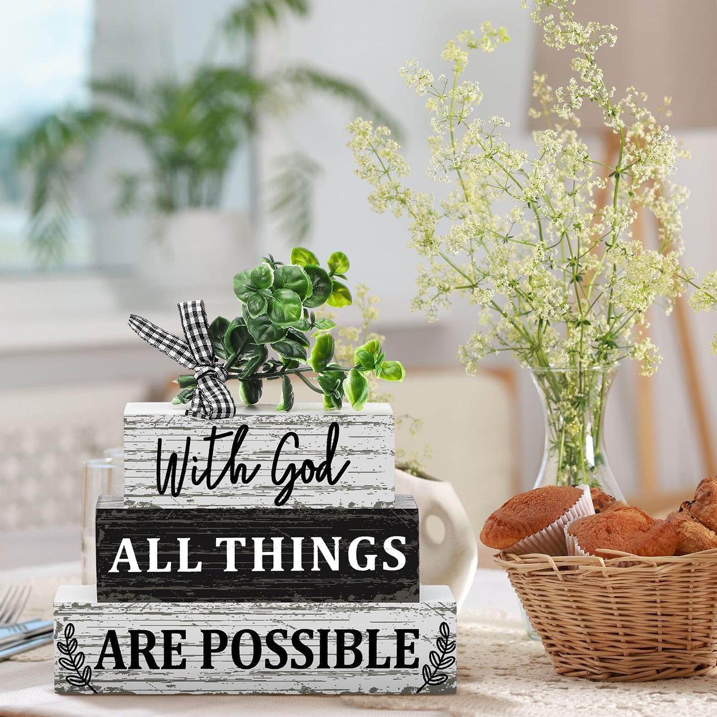 Geelin 4 Pcs Christian Wooden Sign Farmhouse Rustic Eucalyptus Leaves Wood Block Sign Table Centerpiece Religious Tiered Tray Decor Centerpiece Decor for Home Summer