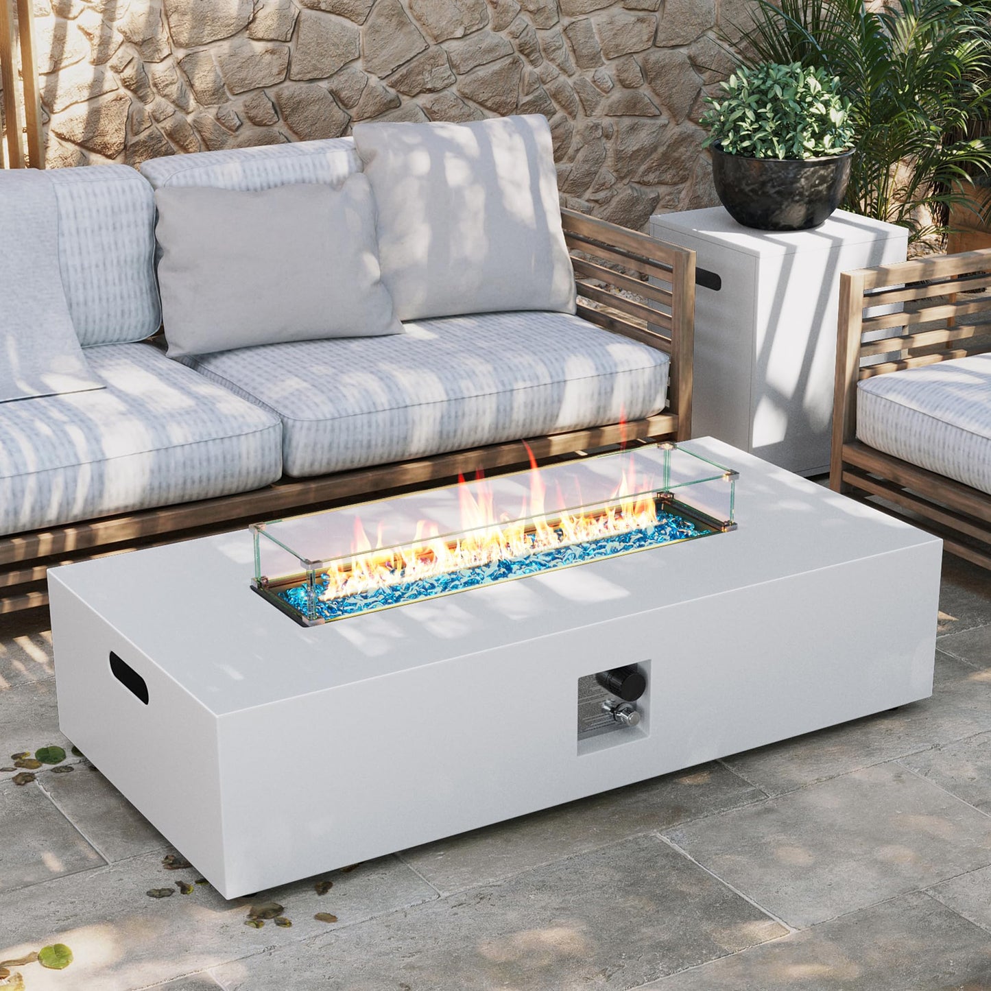 UPHA 56-inch Outdoor Propane Gas Fire Pit Table 50000 BTU Iron Rectangle Firepit for Outside Patio with Tank Hidden Table, Wind Guard, Removable Lid, Blue Glass Rocks, Rain Cover, White