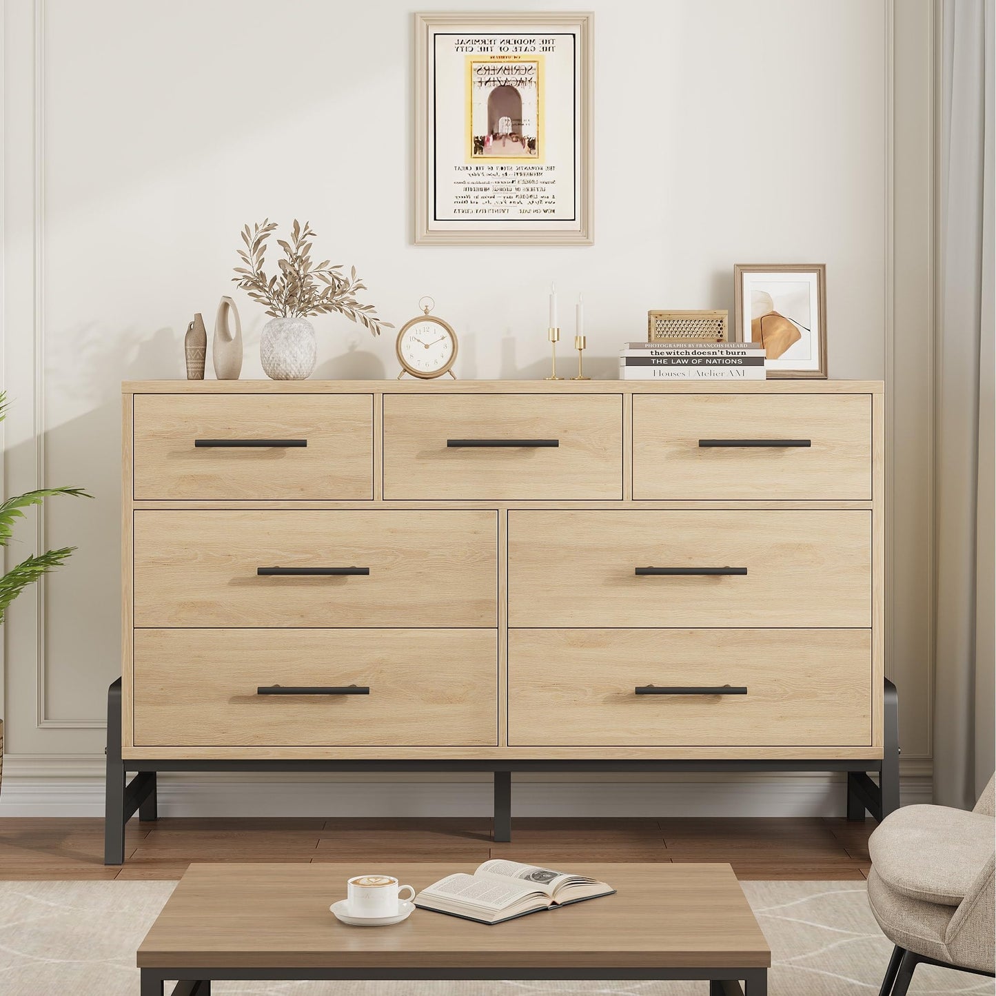 GarveeHome 7 Dresser for Bedroom, Freestanding 52 in Wide Drawer Dresser with Storage, Wooden Closet Storage Chest for Living Room, Bedroom, Entryway, Natural Oak