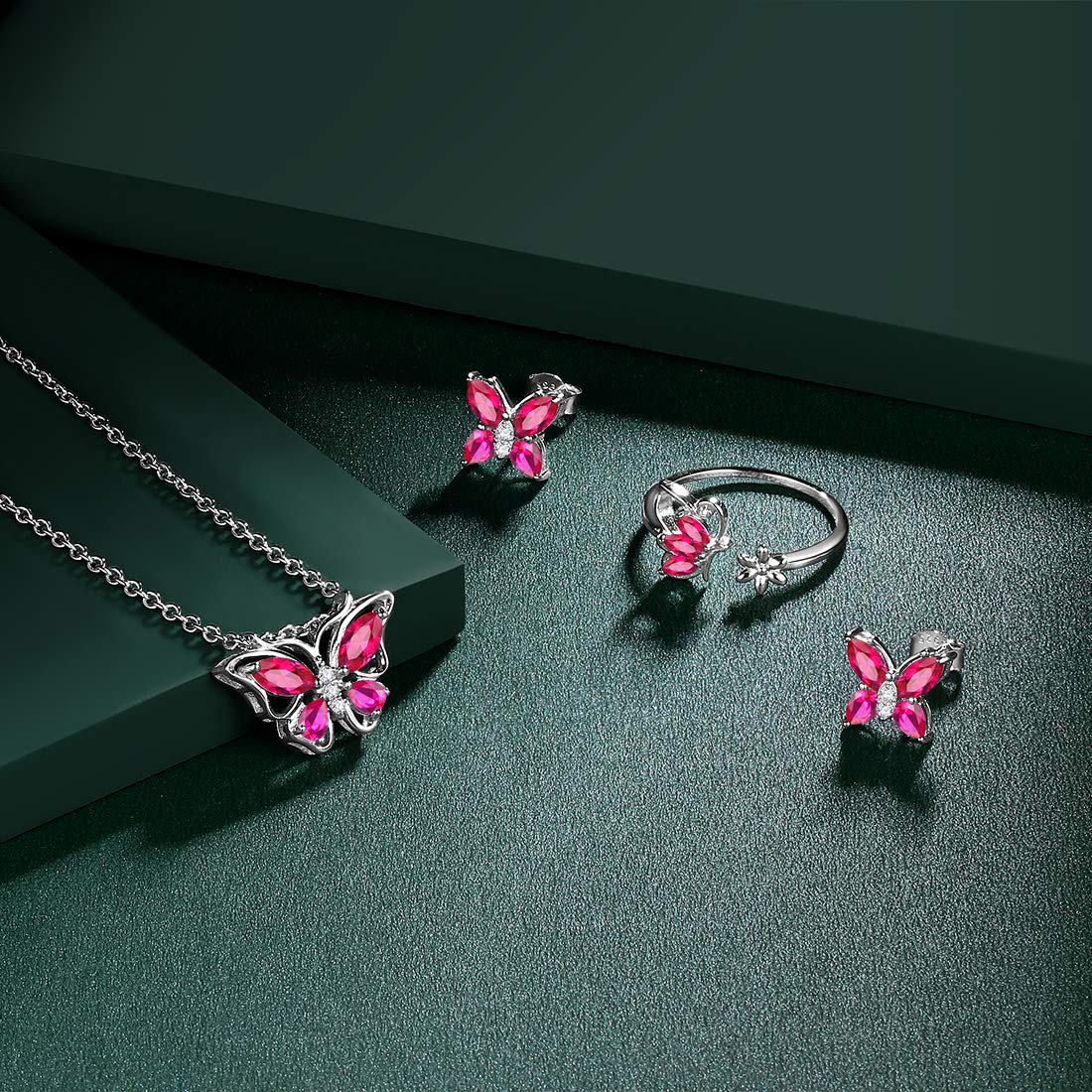 Hipunk Butterfly Red Jewelry Sets Birthstone Women 925 Sterling Silver July-Ruby Birth Stone Animal Butterflies Jewelry Sets/Earring/Ring Set Crystal Birthday Jewelry SS0002R