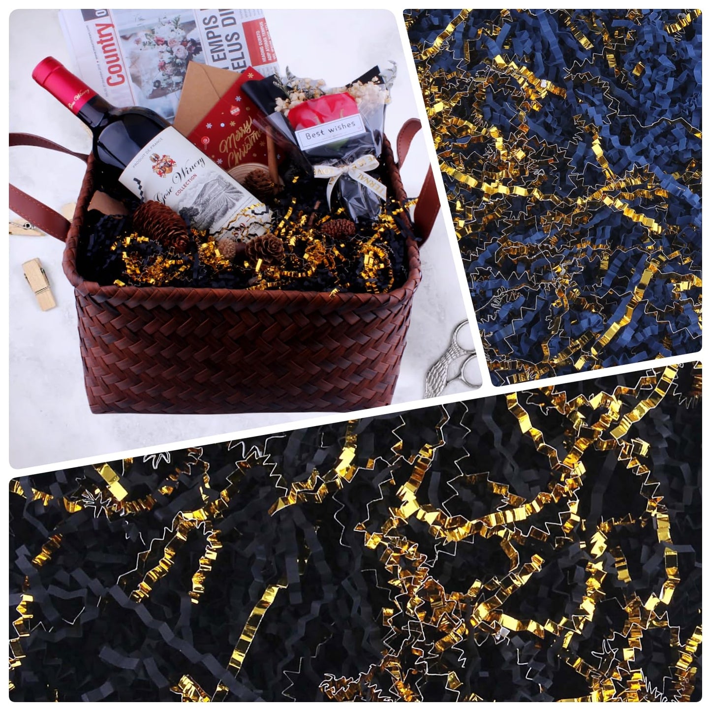 Crinkle Cut Paper Shred Filler 8 oz (1/2 lb) Gift Wrapping & Gift Basket Filler for Christmas, Halloween & Wedding Decorations,Easter Basket Grass Filler ,Crafting Activities (Dark green and gold)