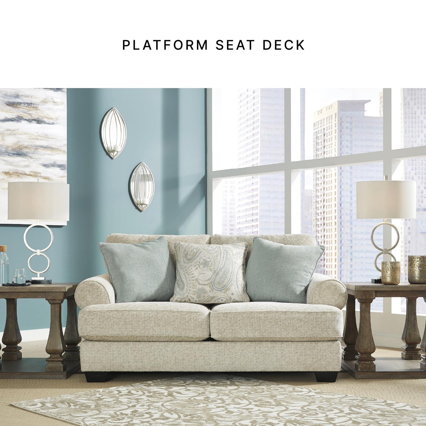 Signature Design by Ashley Monaghan Vintage Loveseat with Accent Pillows, Reversible Cushions and Rolled Arms, Beige