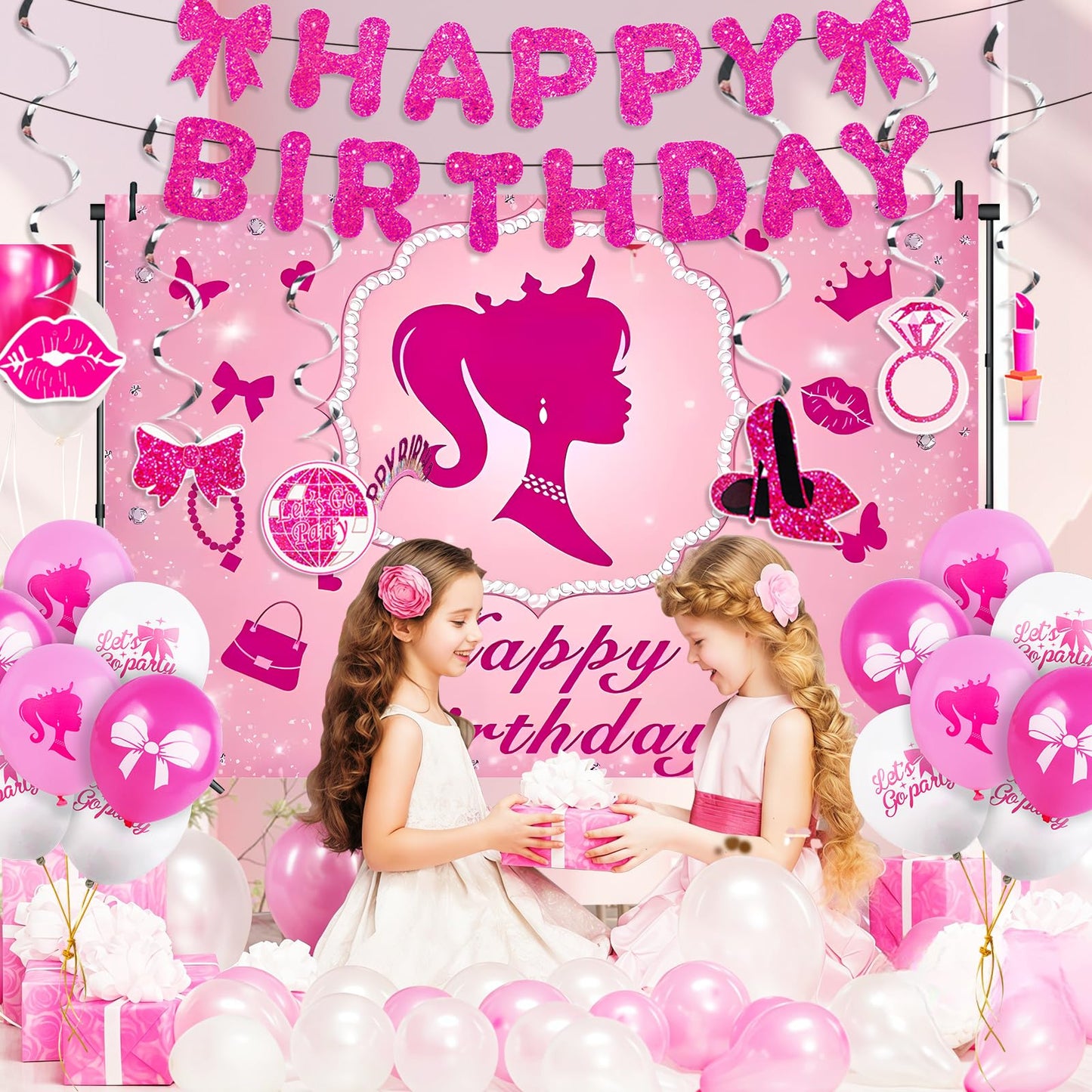 Hot Pink Birthday Party Decorations Supplies, with Pink Glitter Happy Birthday Banner, Backdrop, Balloons, Hanging Swirls, Cake & Cupcake Toppers for Kids, Girls and Women