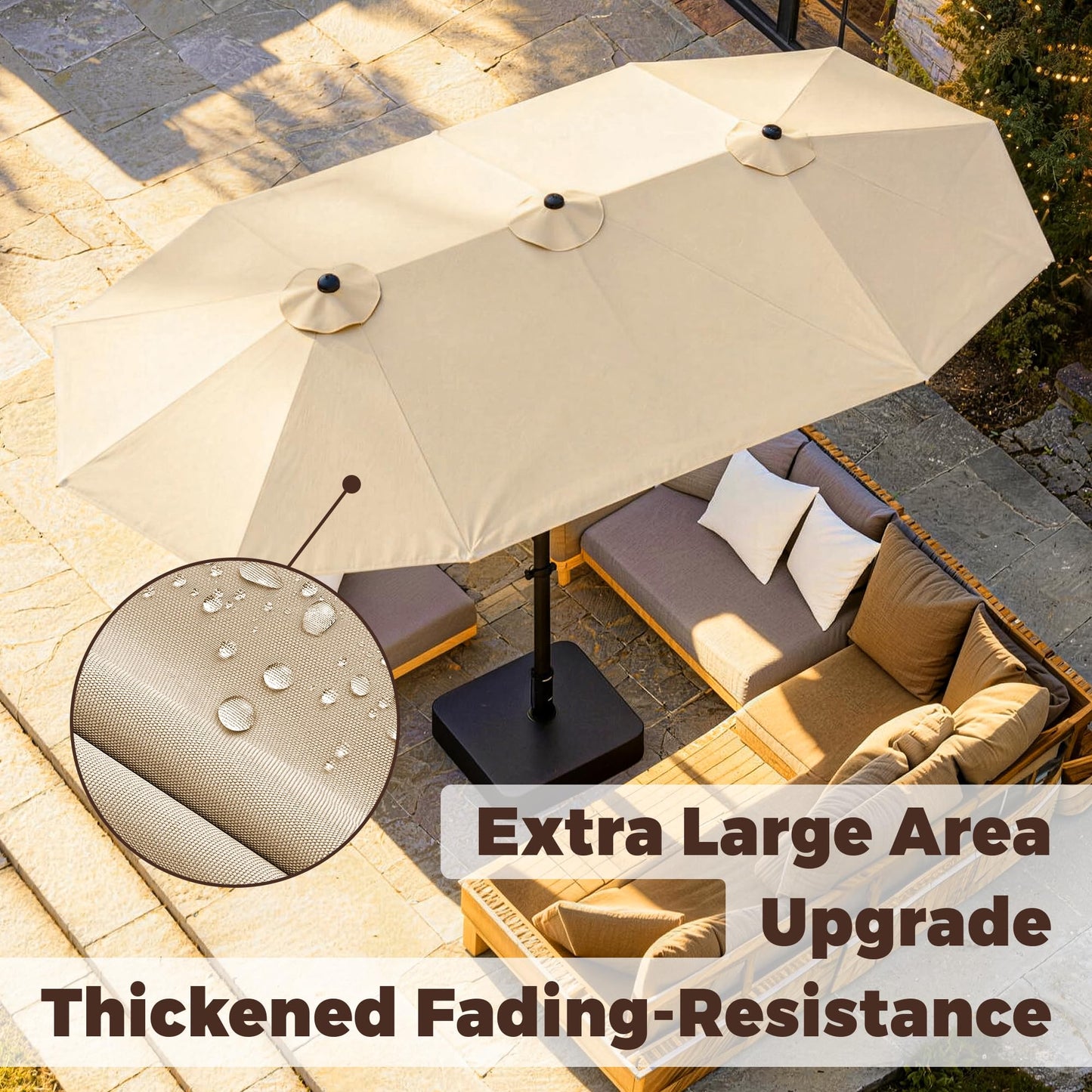GDPFN 15FT Large Patio Umbrella with Base Included, Outdoor Deck Standing Umbrella with Crank Handle, Double-Side Rectangular Pool Umbrella for Outside, Market, Patio, Beige
