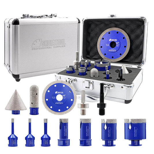 SHDIATOOL Diamond Tile Drill Bits Kit 12pcs, Porcelain Hole Saw Sets, Core Bits Cutter for Drilling Ceramic Marble Granite (6/6/8/20/25/35/50/20MM/2/SDS/HEX/4.5“)