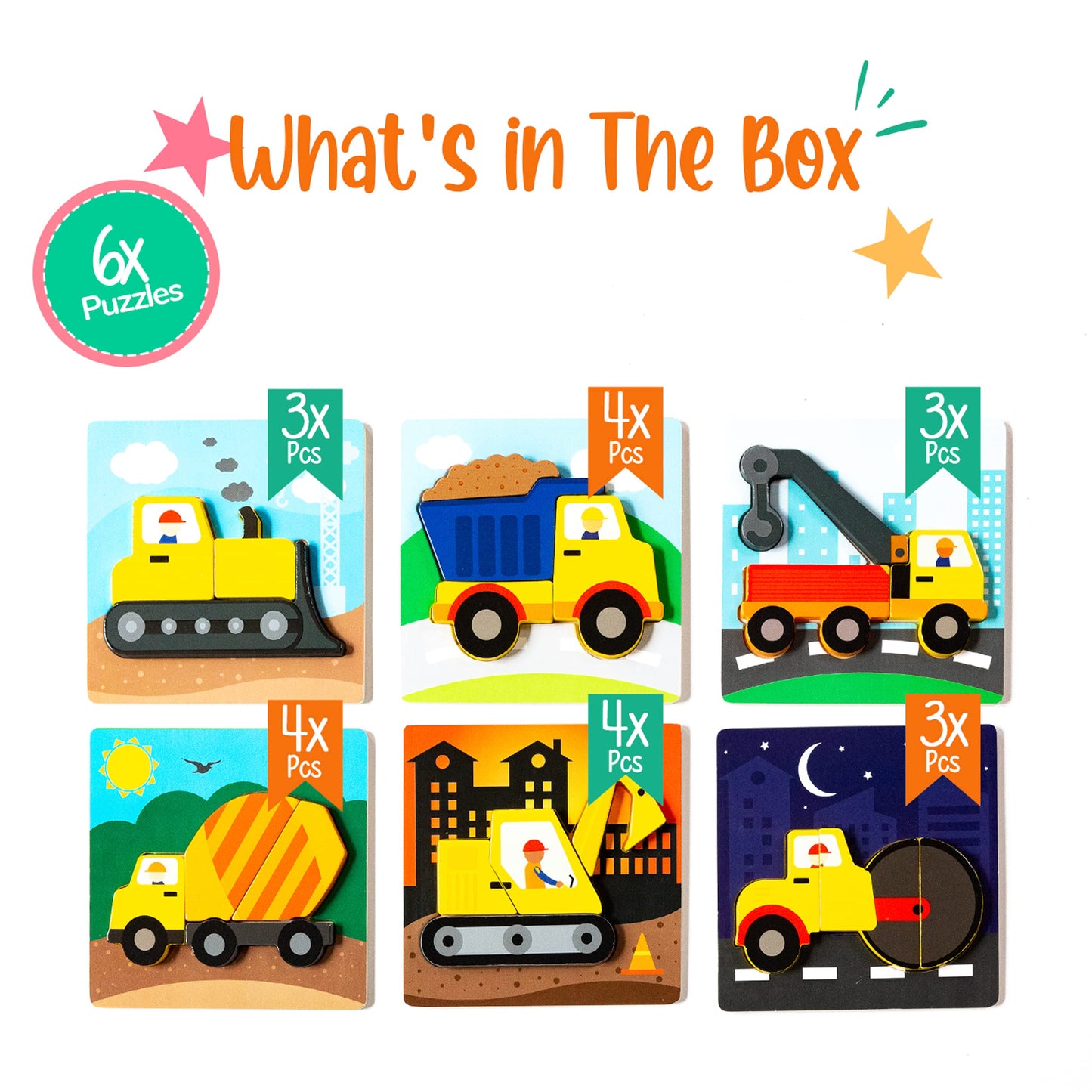 Klevly 6 PK Construction Wooden Toddler Puzzles Ages 2-4 | Wooden Puzzles for Toddlers 1-3 | Montessori Toys for 2 Year Old | Learning for 2+ Year Olds