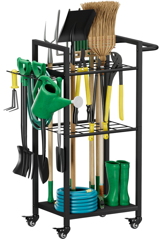 Lotspasie Garden Tool Organizer with Wheels, Heavy Duty 3 Tier Metal Yard Tool Storage Rack Holder with Side Hooks, Freestanding Garage Organizer for Shovels, Rakes, Brooms, Indoor Outdoor Use, Black